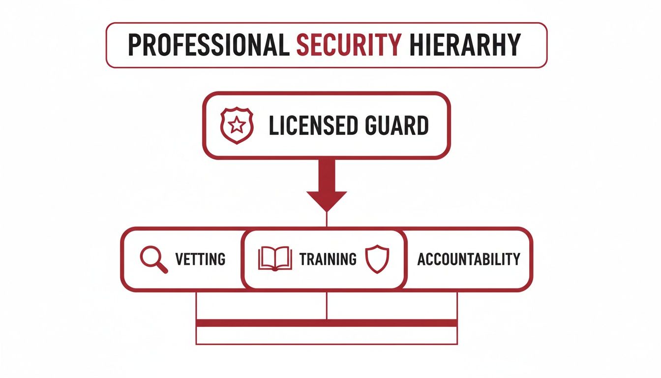 Diagram of professional security hierarchy showing licensed guards, vetting, training, and accountability.