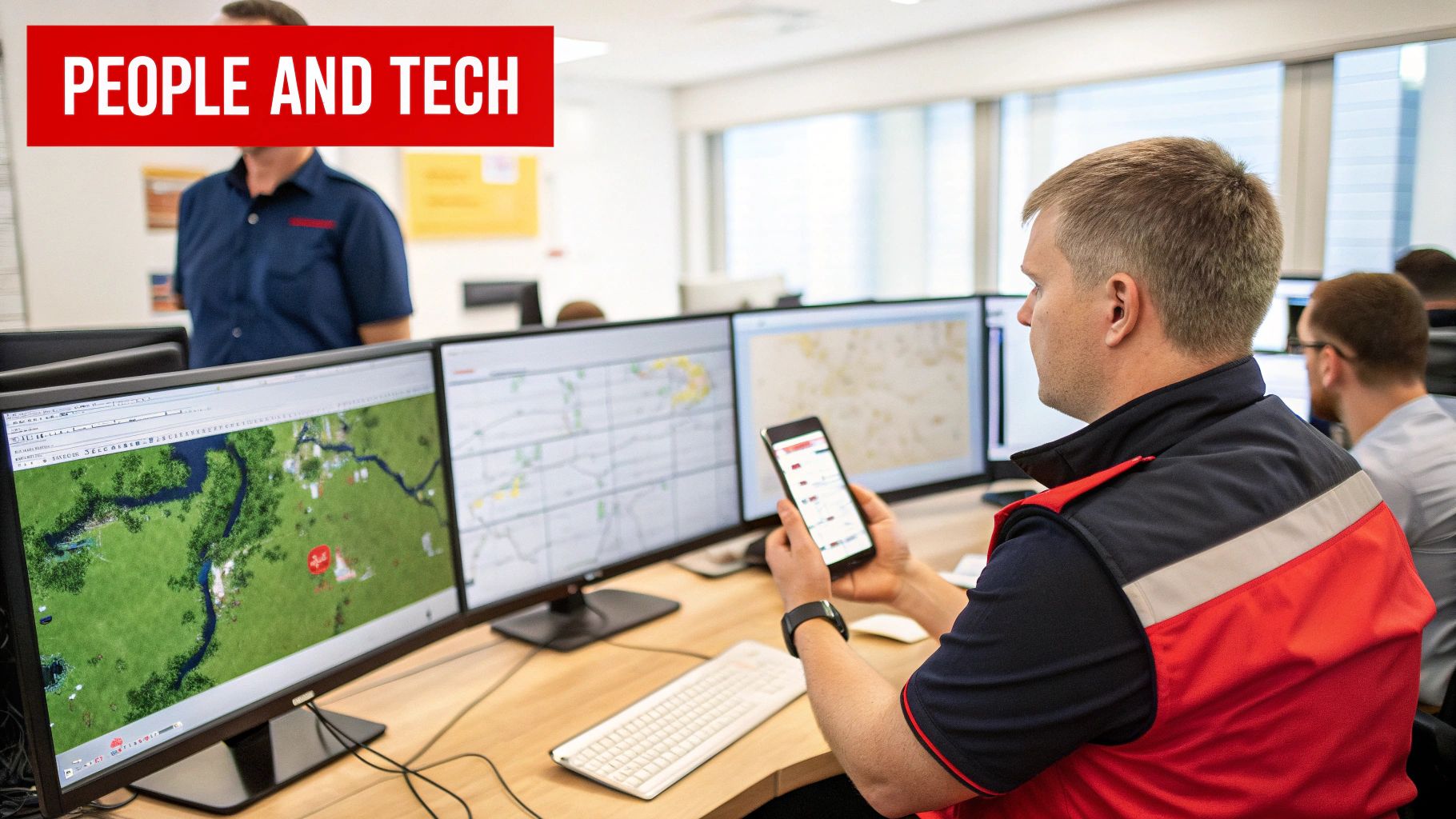 Operators in a modern control room monitor multiple screens with digital maps and a smartphone.