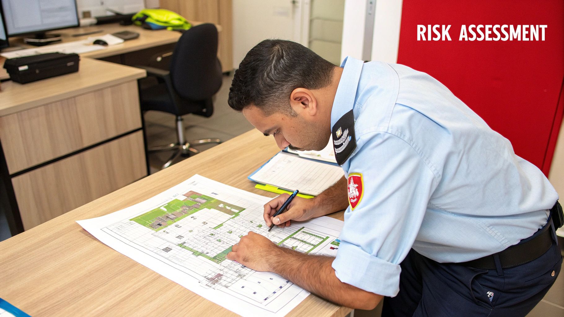 Security professional conducting a risk assessment, analyzing a detailed floor plan on a desk, with a computer and office chair in the background, emphasizing workplace safety and violence prevention strategies.
