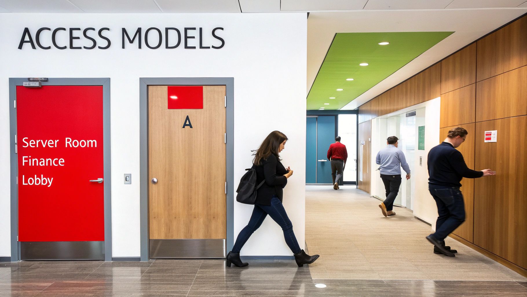 People walk through a modern office hallway with doors labeled 'Server Room Finance Lobby' and 'A'.