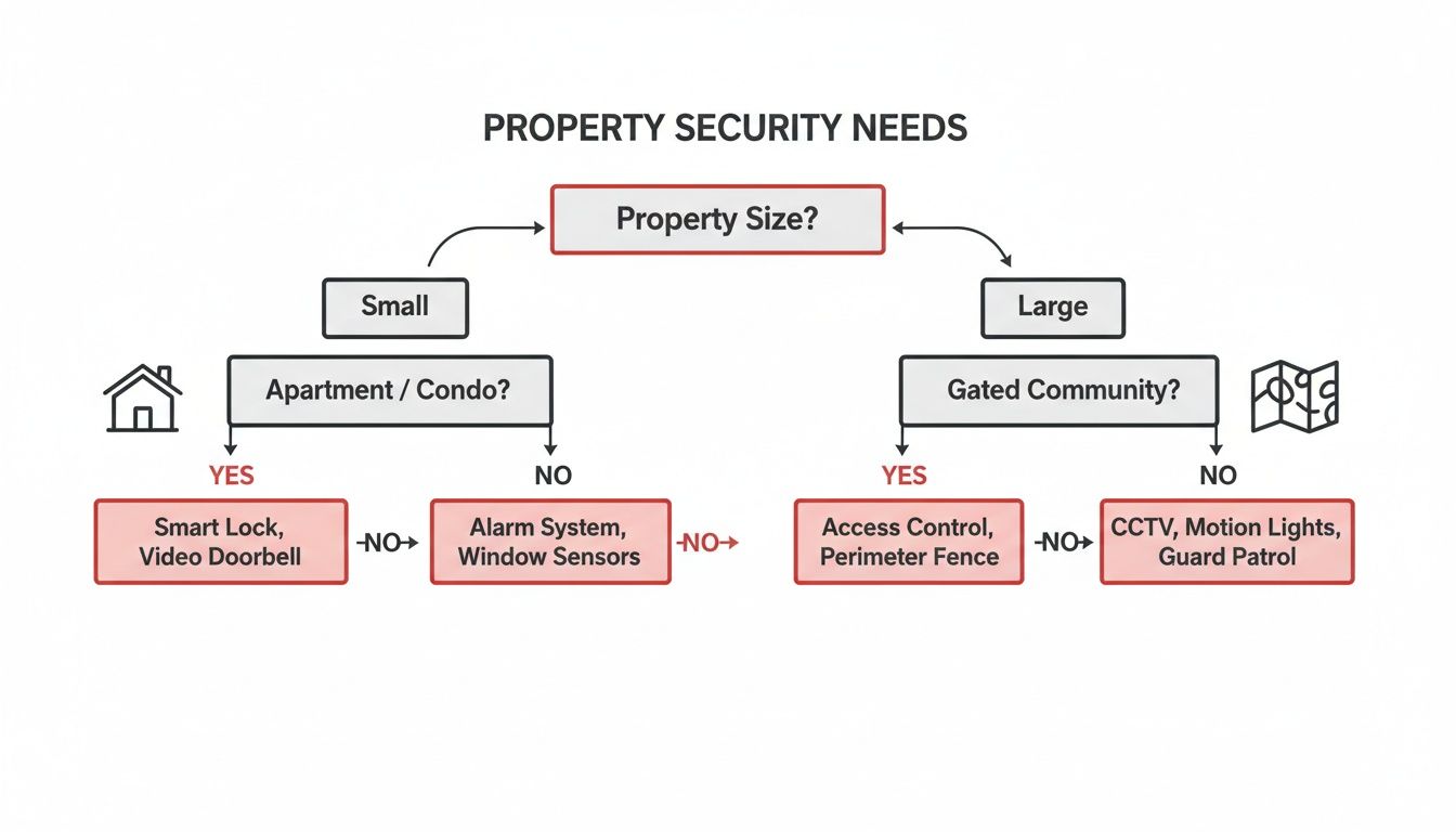Flowchart illustrating property security needs based on property size and type, suggesting specific security measures.