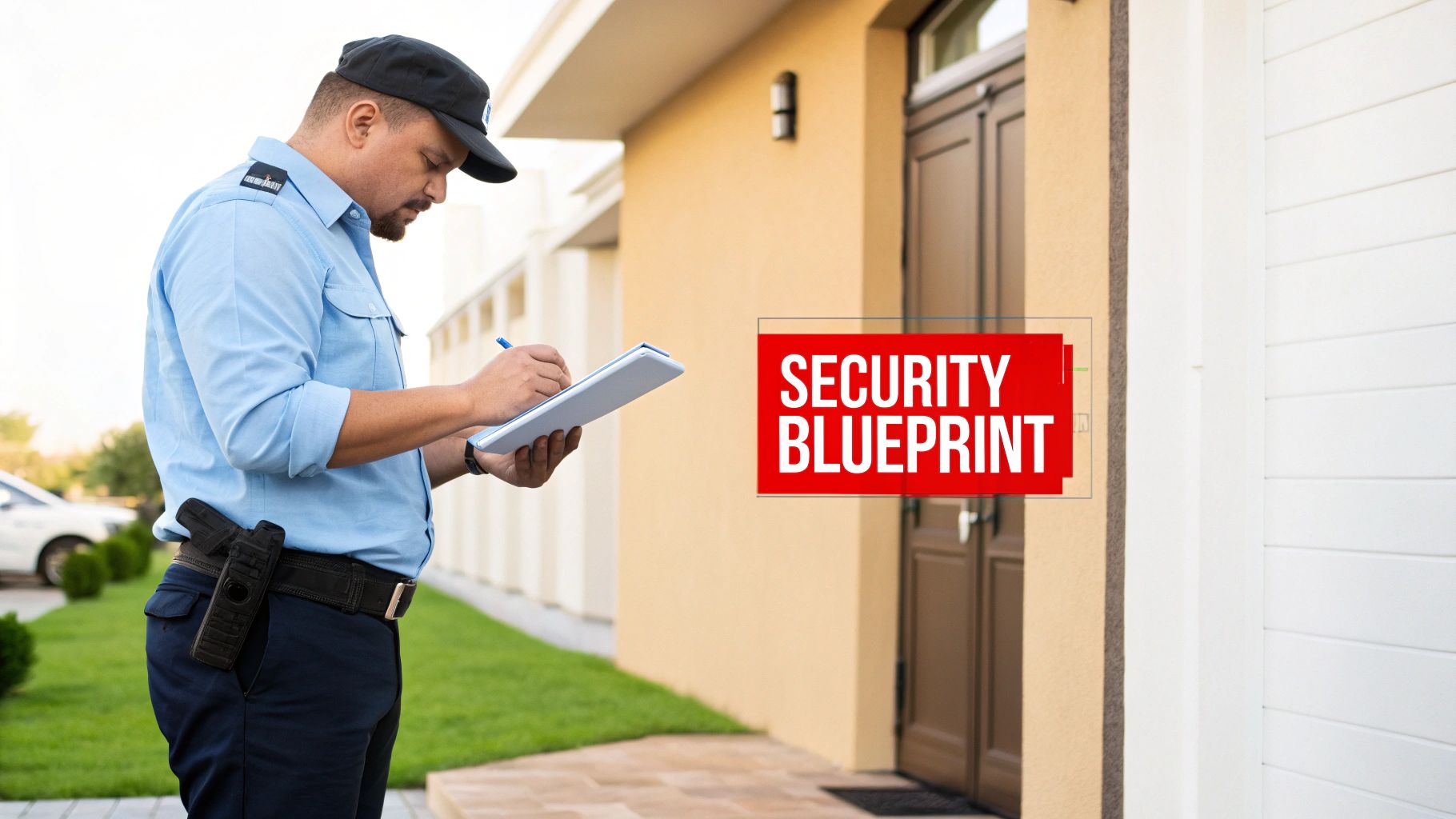 A uniformed security guard inspects and writes on a notepad outside a building with a 'SECURITY BLUEPRINT' graphic.
