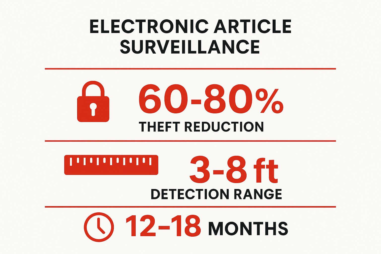 Infographic illustrating Electronic Article Surveillance (EAS) metrics: 60-80% theft reduction, 3-8 ft detection range, and 12-18 months effectiveness.