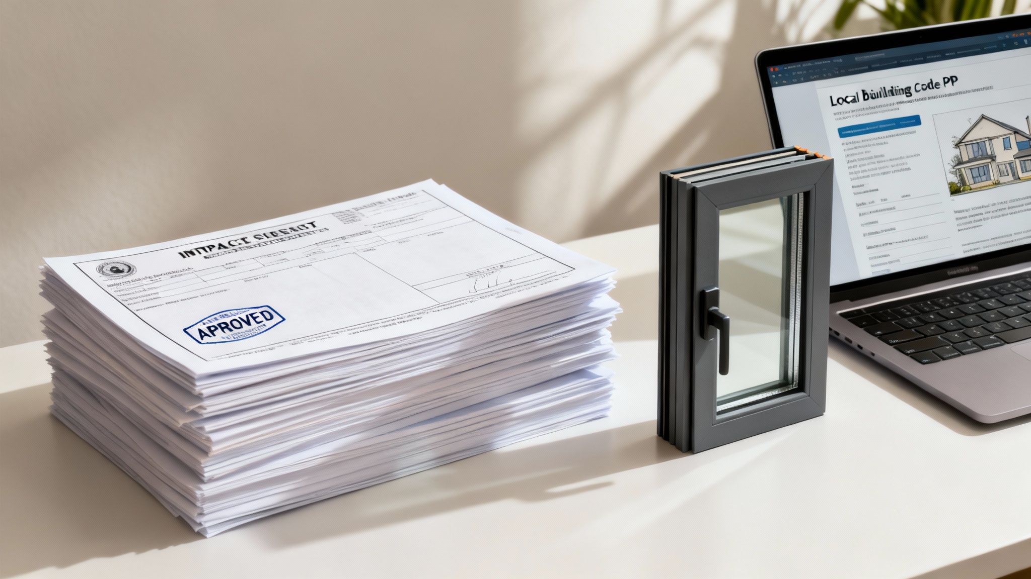 A stack of approved building plans, a window sample, and a laptop with building codes.