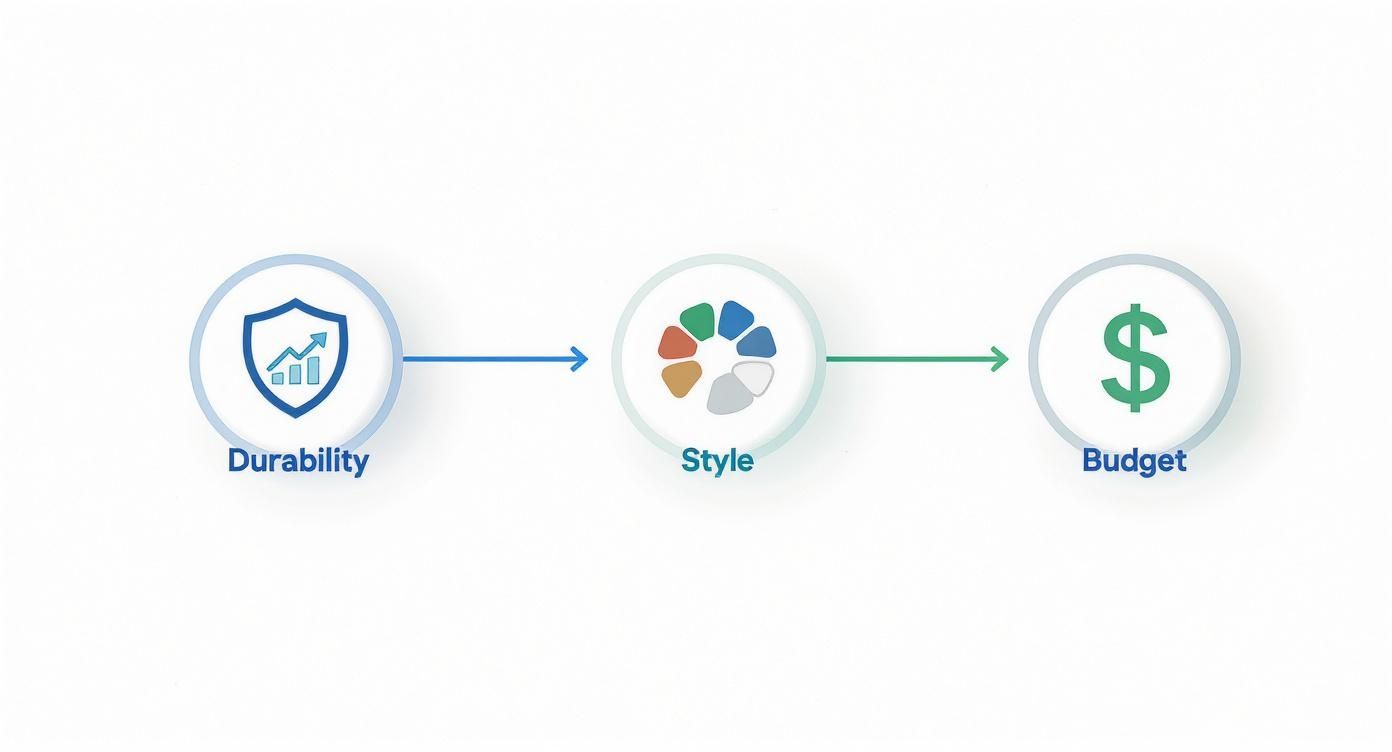 A three-step diagram illustrating the process of considering durability, style, and budget factors, linked by arrows.