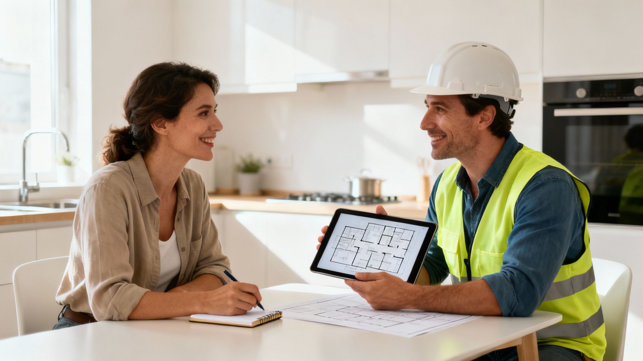 A smiling woman and a contractor discuss kitchen remodeling plans, looking at a floor plan on a tablet.