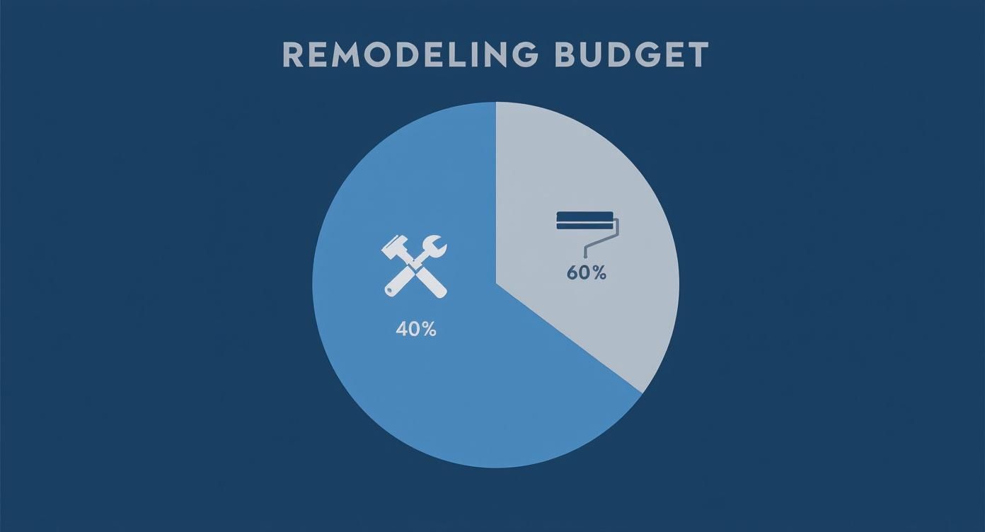 A pie chart titled 'Remodeling Budget' showing 40% for tools/labor and 60% for painting.