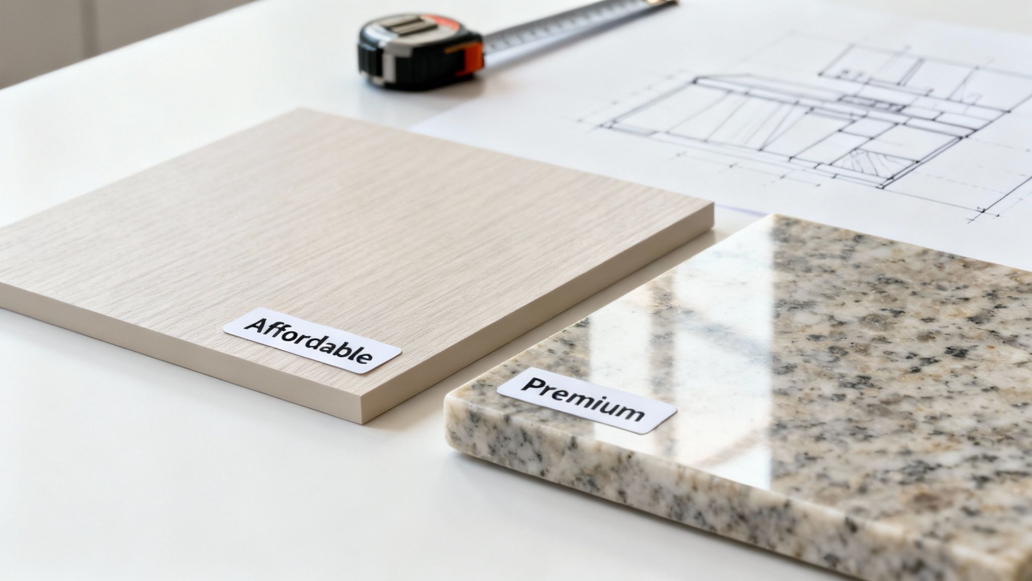 Two material samples comparing affordable wood and premium granite for a kitchen renovation project, with a blueprint.