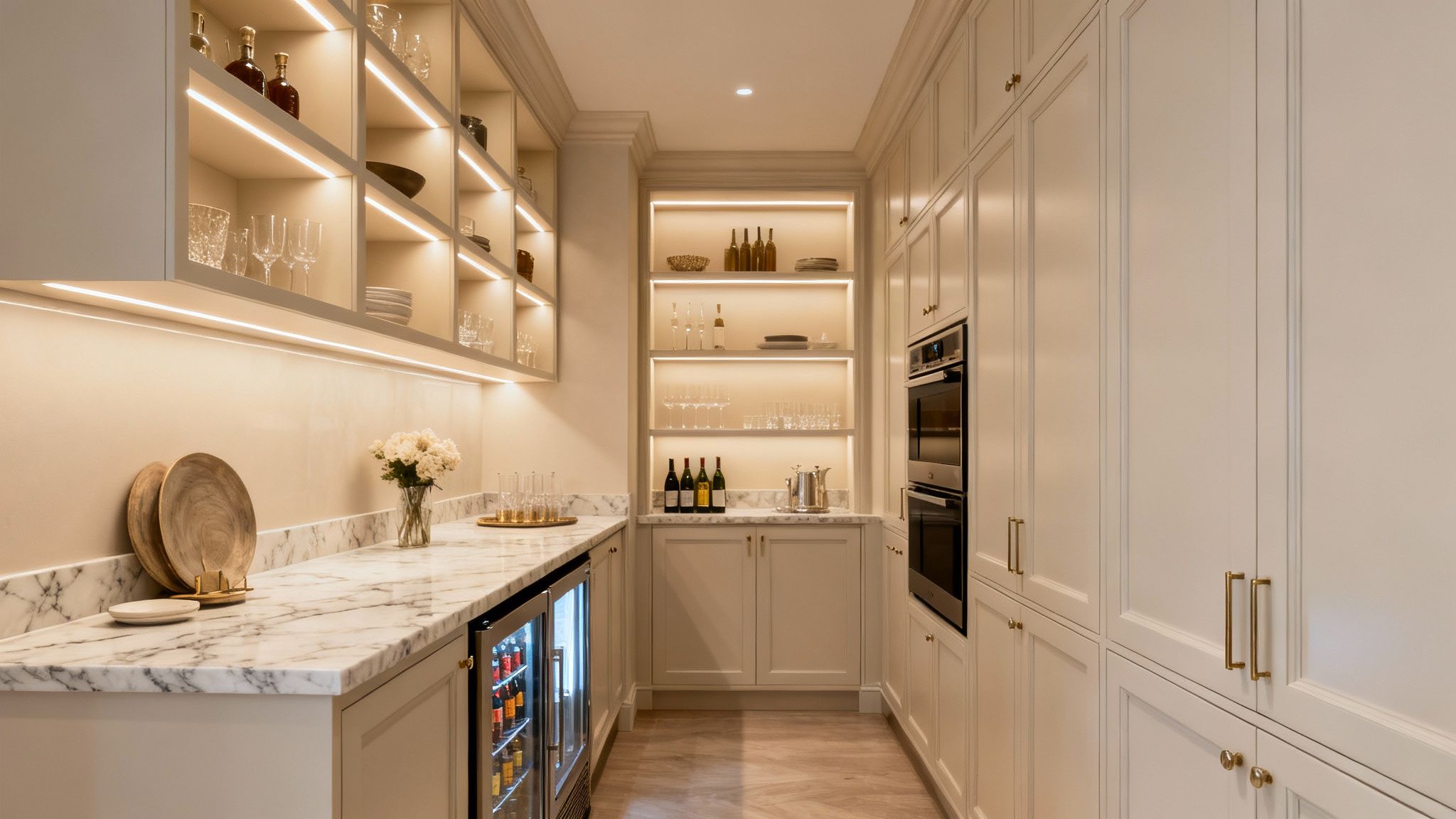 A luxurious white kitchen pantry with marble countertops, illuminated shelving, and integrated appliances.