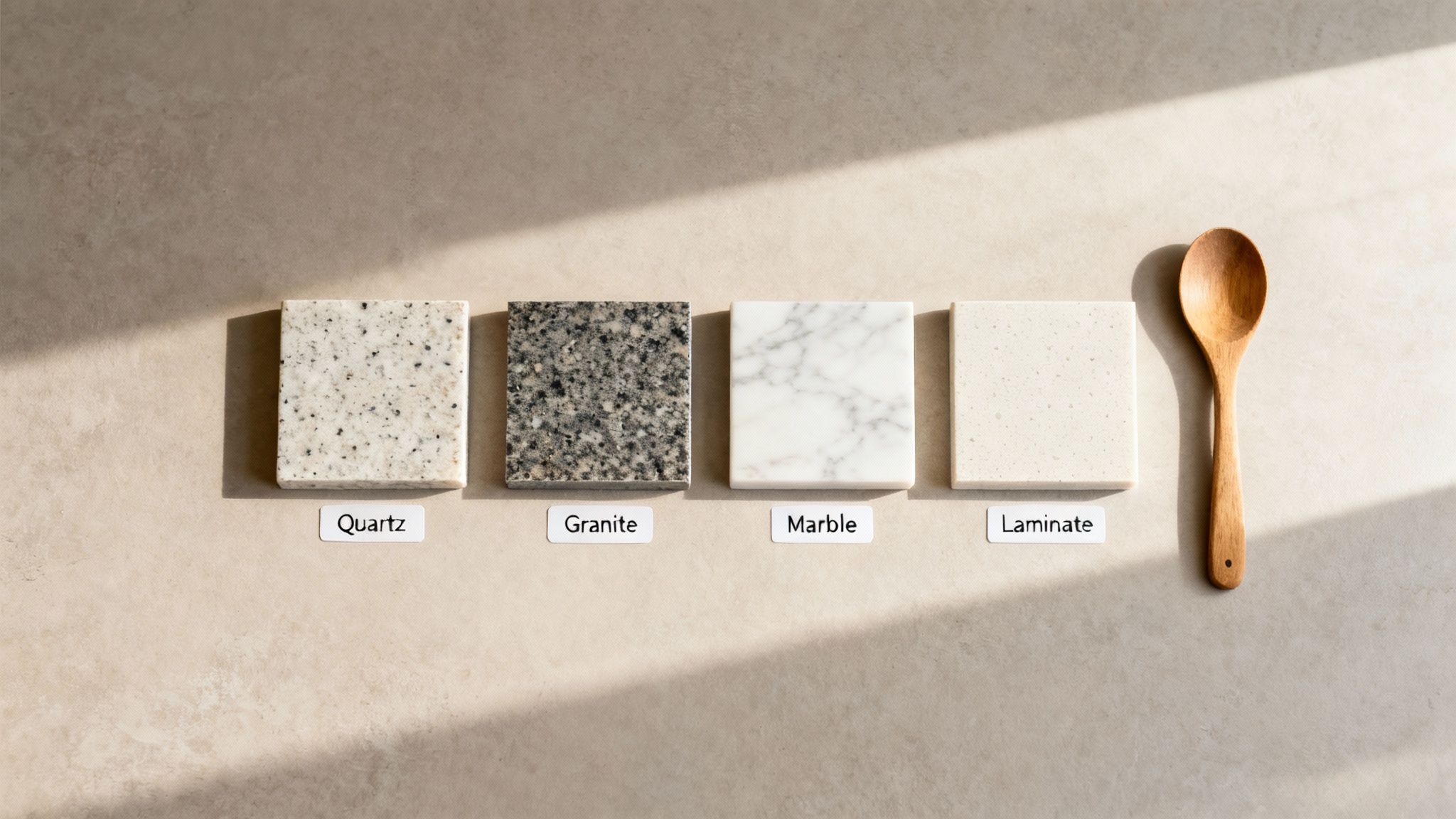 Countertop material samples: Quartz, Granite, Marble, Laminate, with a wooden spoon on a beige surface.