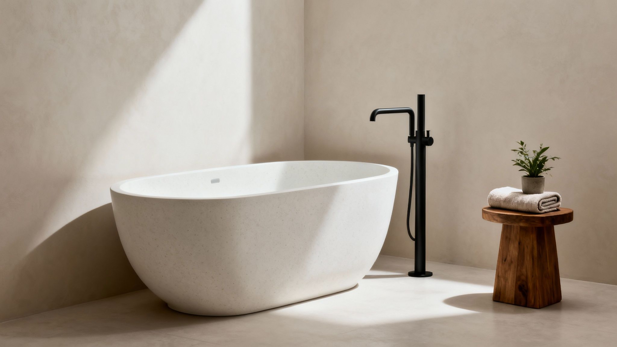 A modern, minimalist bathroom with a white freestanding tub, black floor faucet, and natural wooden stool.