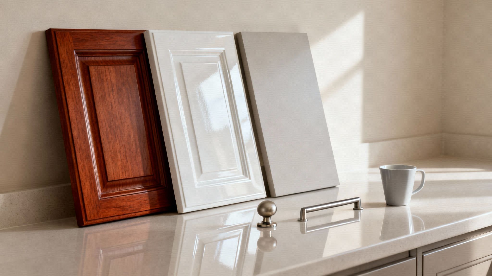 Three kitchen cabinet door samples in dark wood, white, and light grey with hardware on a counter.