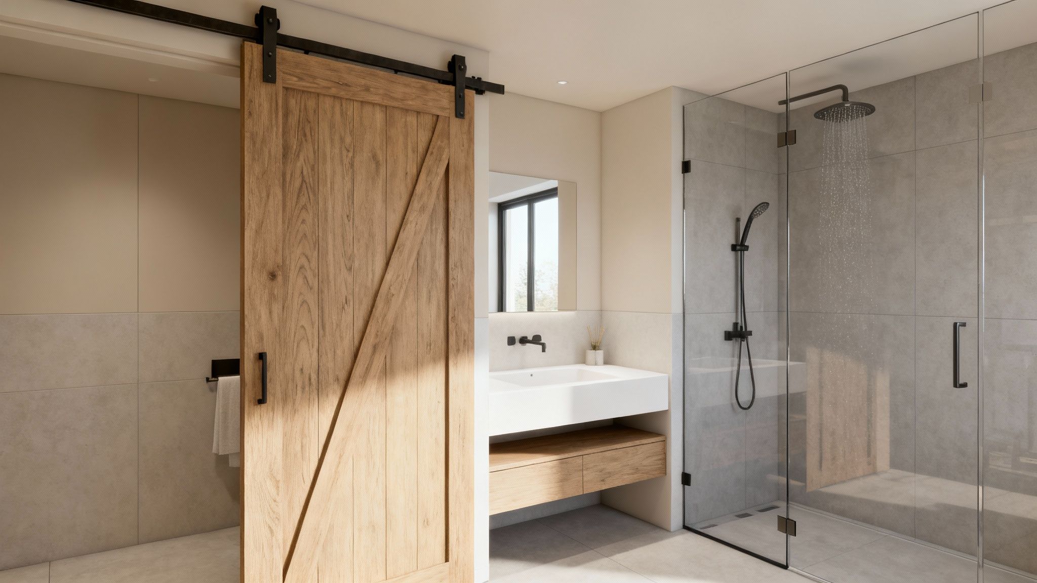 Modern bathroom with a wooden barn door, floating vanity, glass shower, and black fixtures.