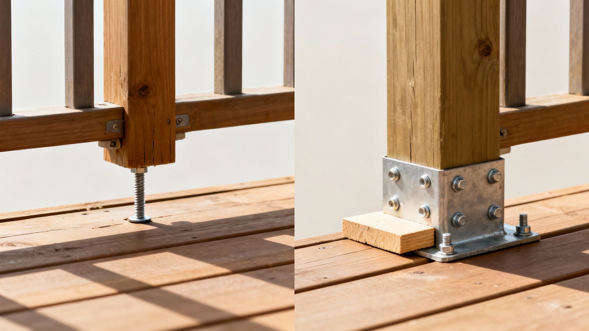 Comparing two wooden deck post mounting methods: an adjustable screw and a metal post base.