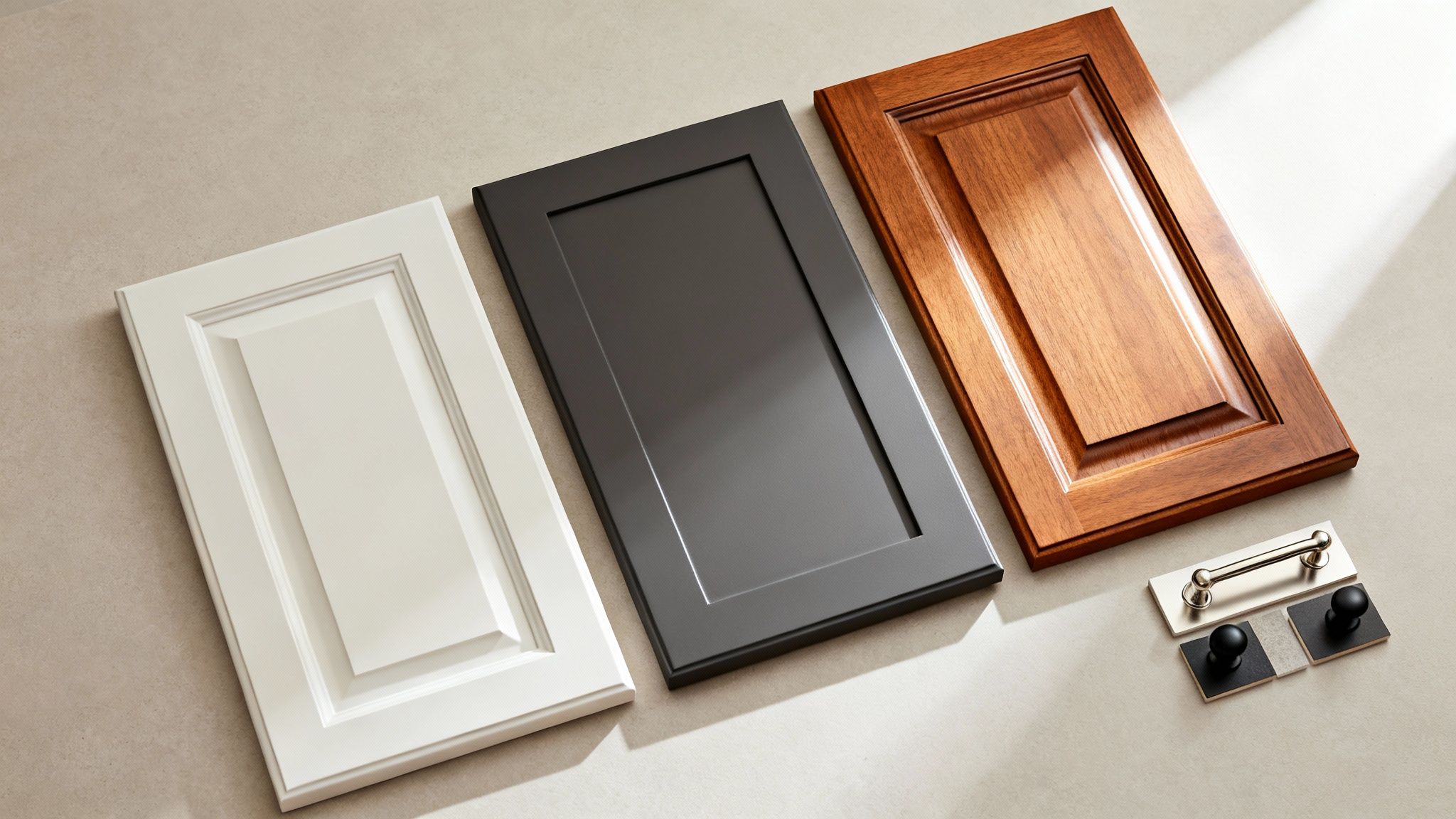 Three cabinet door samples in white, dark gray, and wood finish with various hardware options on a neutral surface.