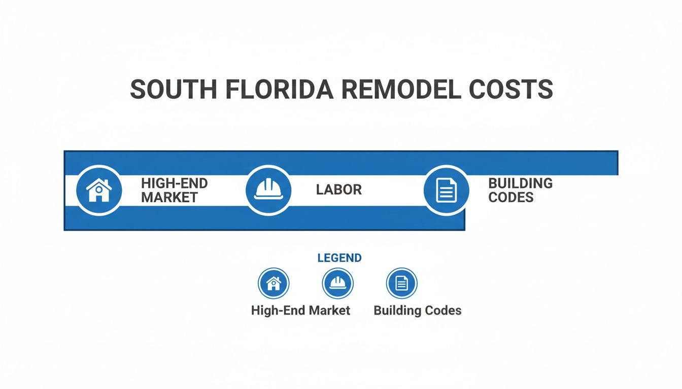 Infographic showing South Florida remodel costs, highlighting high-end market, labor, and building codes as factors.