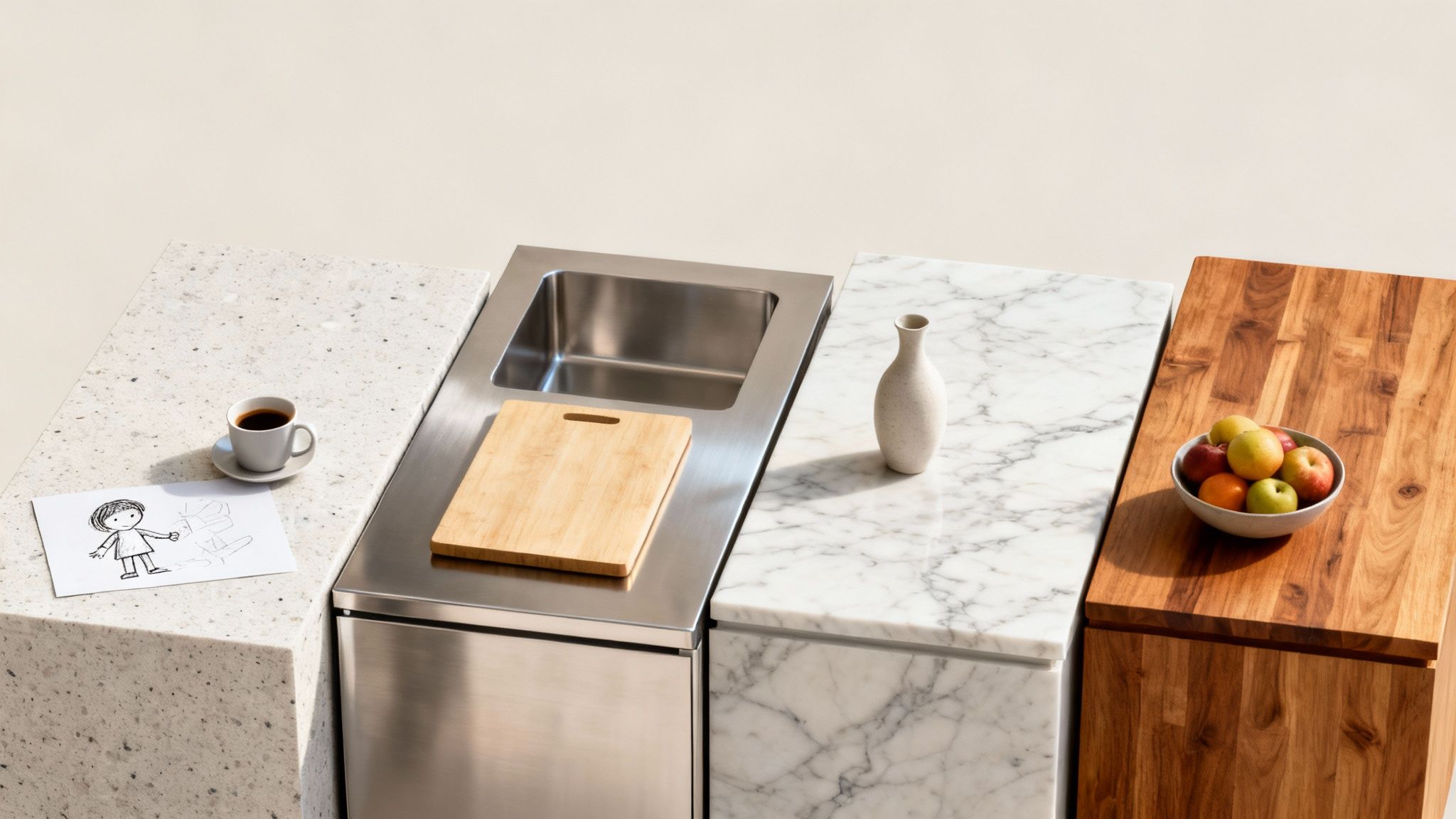 A diverse lineup of kitchen countertop materials including speckled stone, stainless steel, white marble, and warm wood.