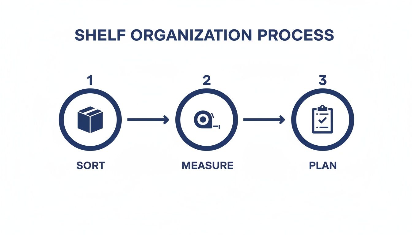 Diagram illustrating the three-step shelf organization process: Sort, Measure, and Plan.