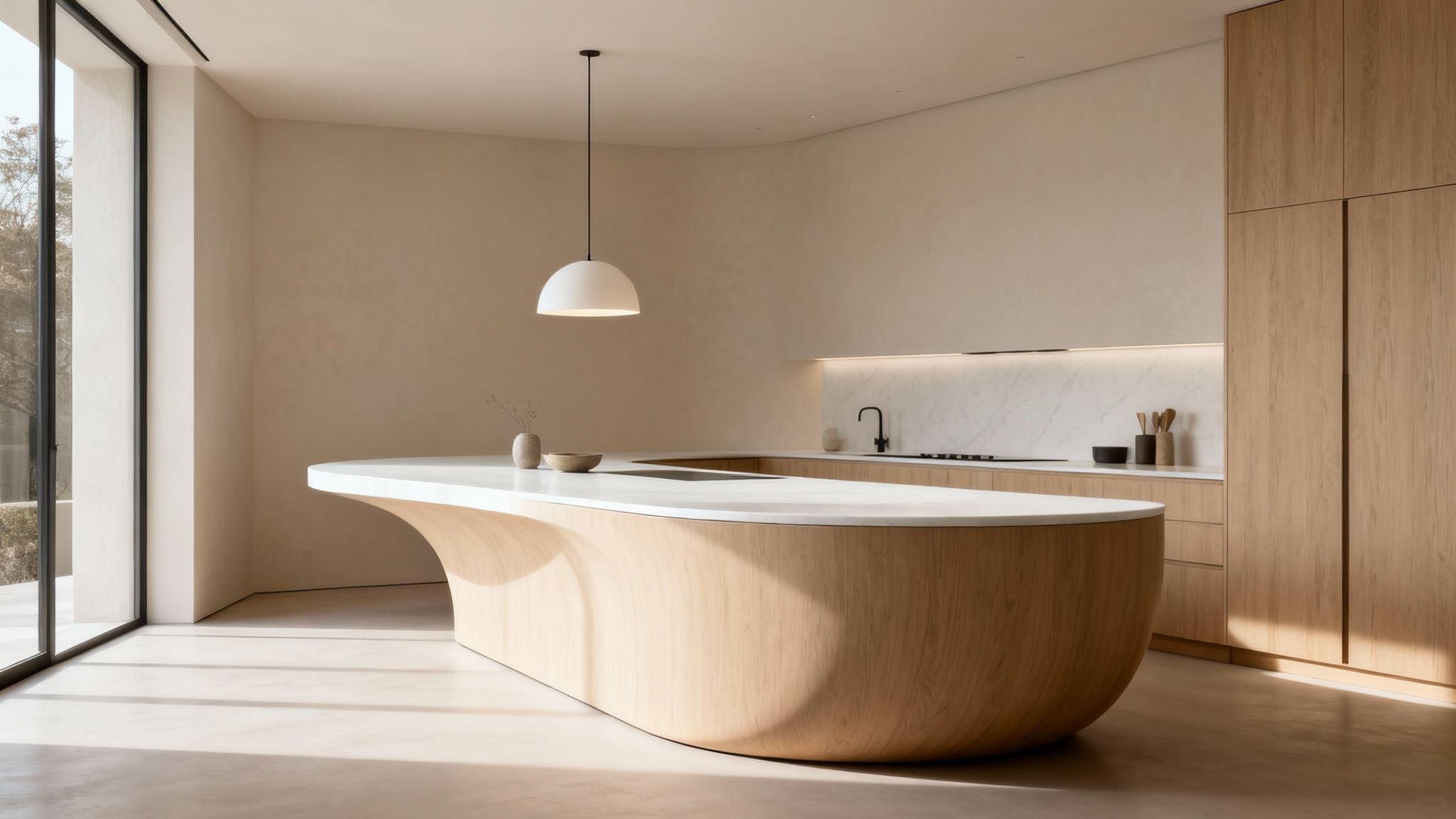 A modern kitchen with a unique curved wooden kitchen island, white countertop, and natural light.
