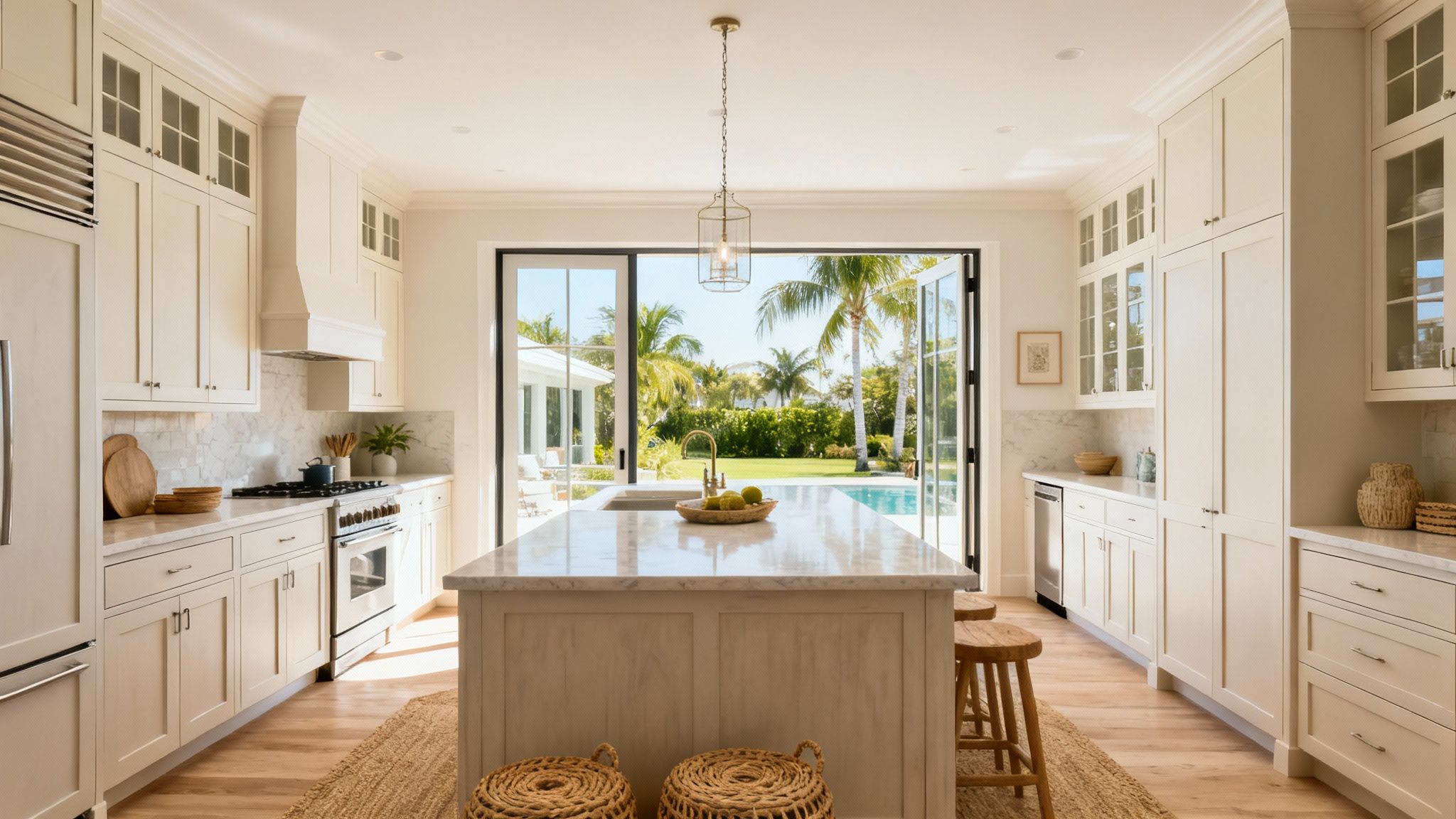 A bright coastal kitchen featuring white cabinets, a large marble island, and an outdoor view of a pool and palm trees.