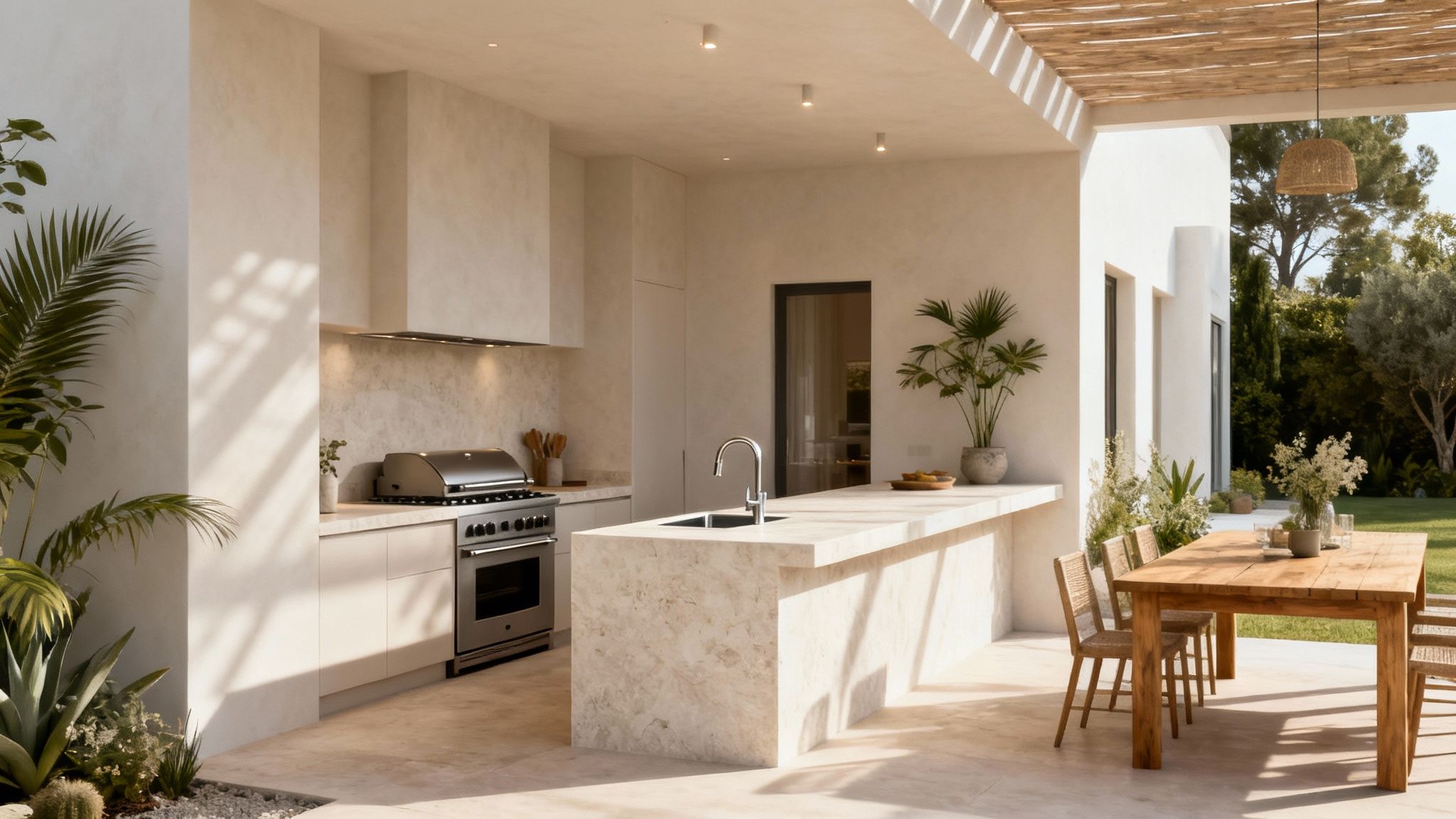 A bright, modern outdoor kitchen and dining area with light finishes and lush greenery.