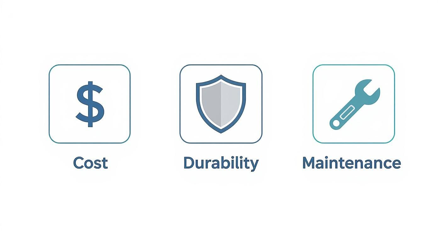 Icons displaying cost (dollar sign), durability (shield), and maintenance (wrench) as key comparison factors.