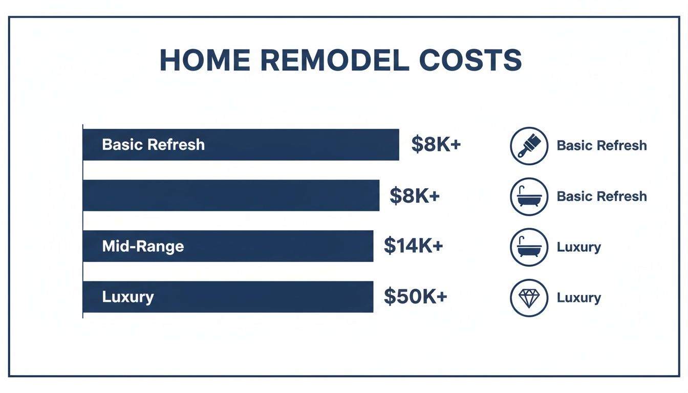 Bar chart illustrating home remodel costs categorized by Basic Refresh ($8K+), Mid-Range ($14K+), and Luxury ($50K+).