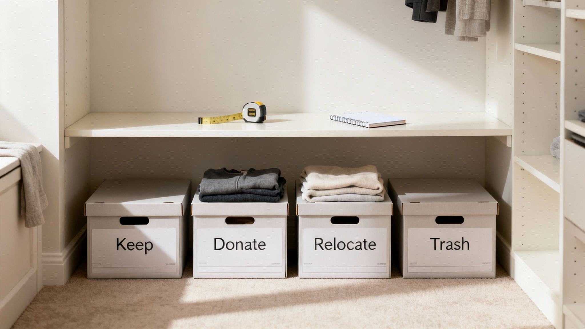 Four labeled boxes for organizing clothes in a closet: Keep, Donate, Relocate, Trash categories.