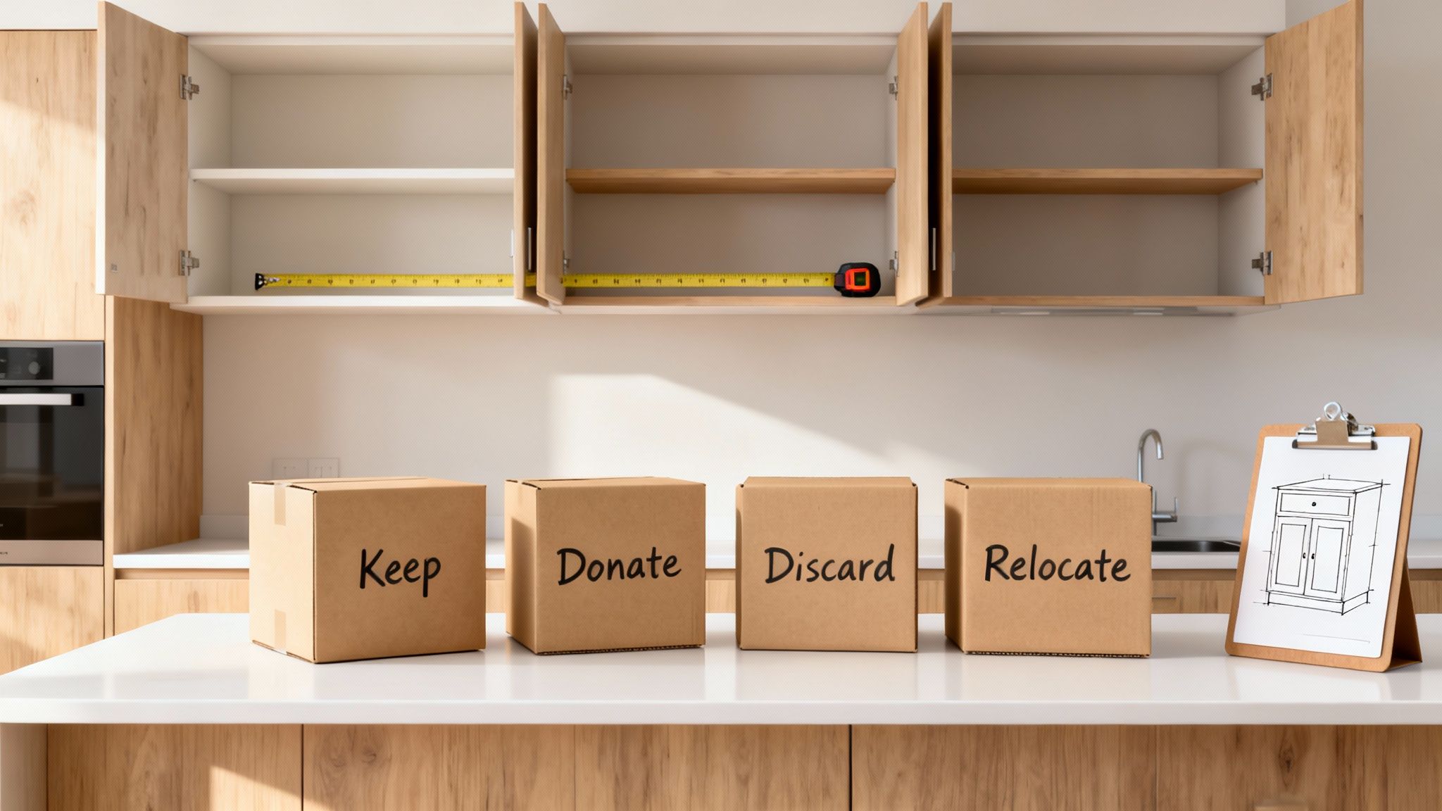 Four labeled boxes on a kitchen countertop for organizing items, with open cabinets above.