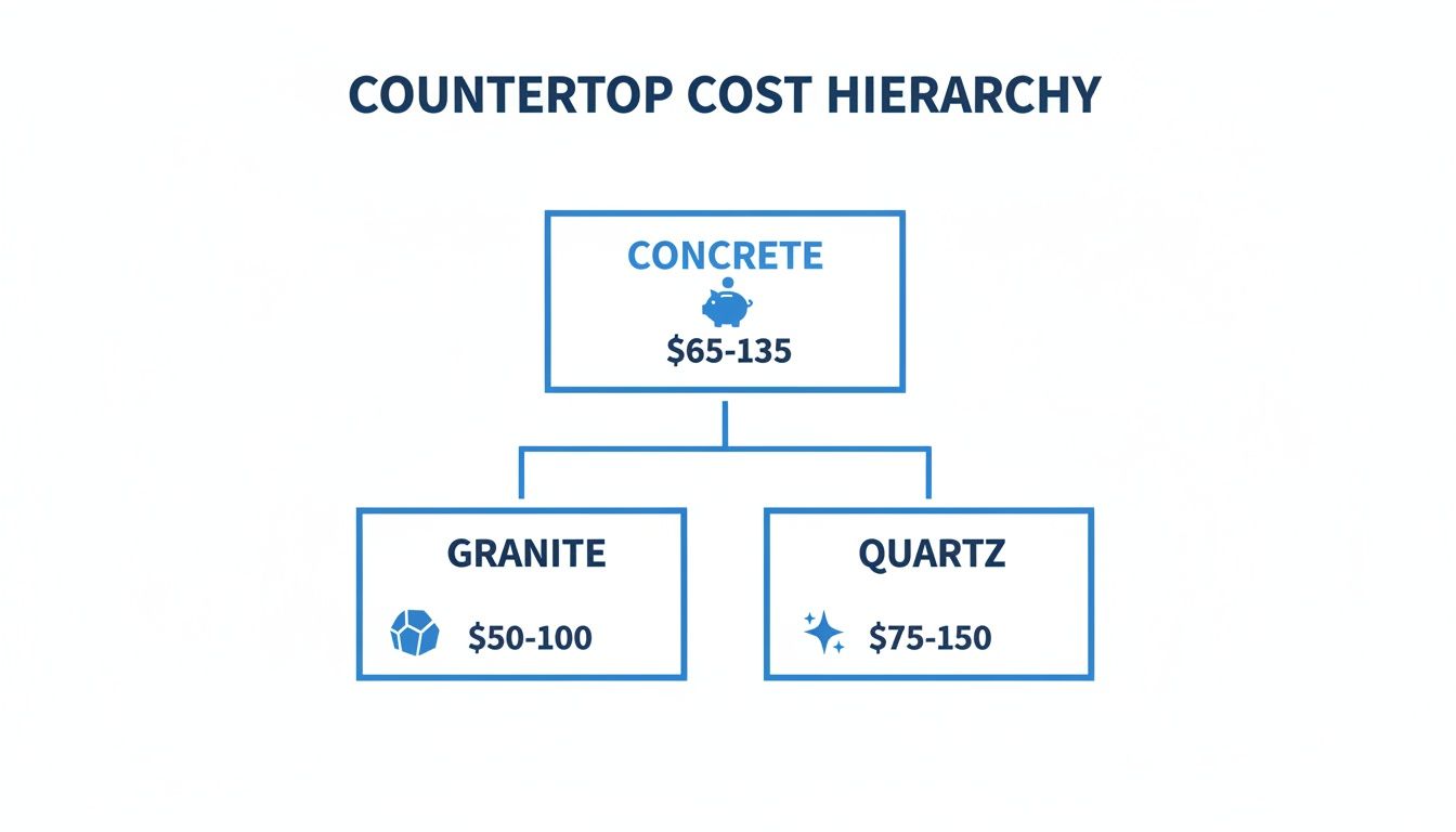 Hierarchy chart showing countertop costs: Concrete ($65-135), Granite ($50-100), and Quartz ($75-150).