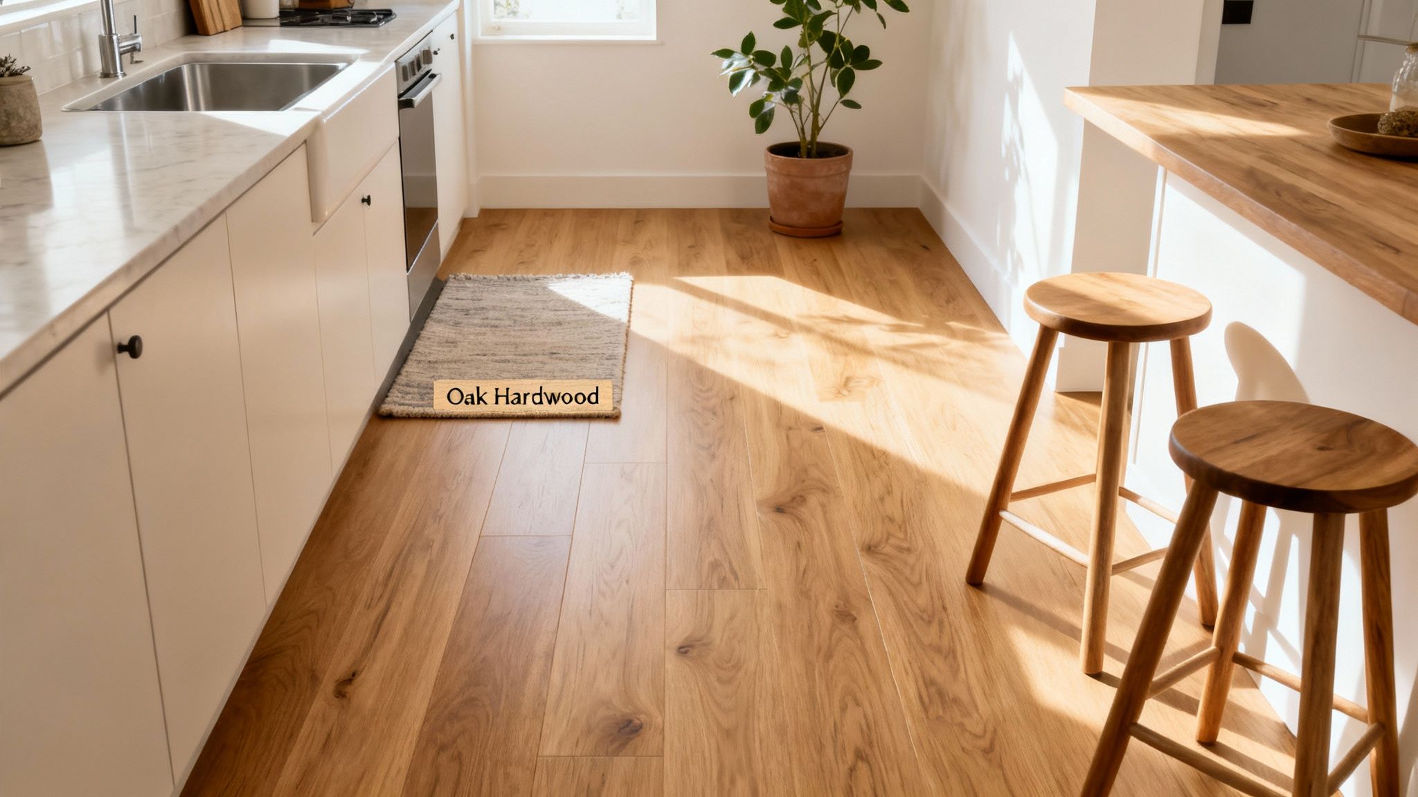 A bright, modern kitchen with light oak hardwood flooring, white cabinets, and wooden bar stools.
