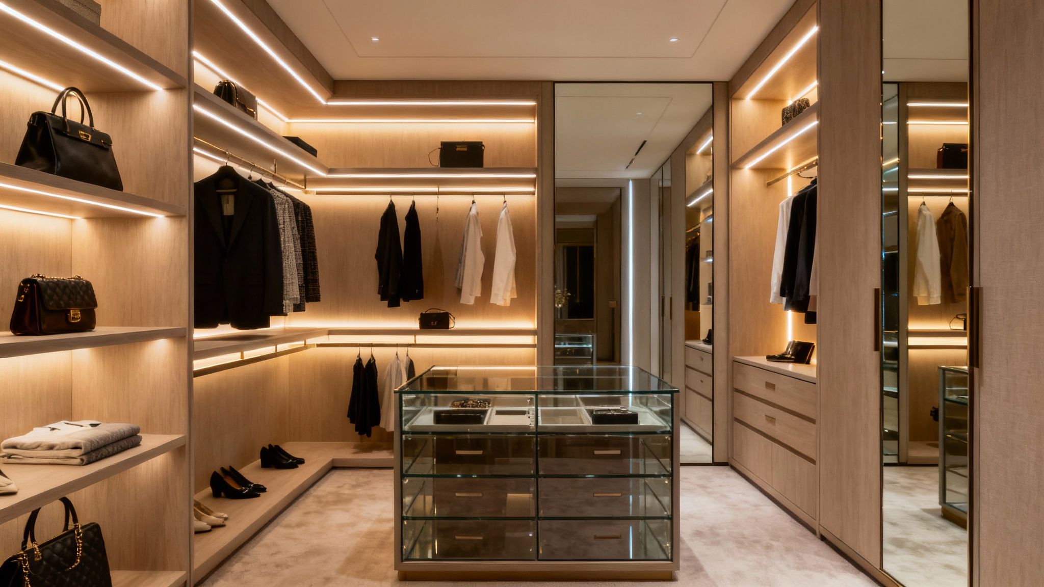 Luxury walk-in closet with LED lighting, glass display island, and organized shelving system