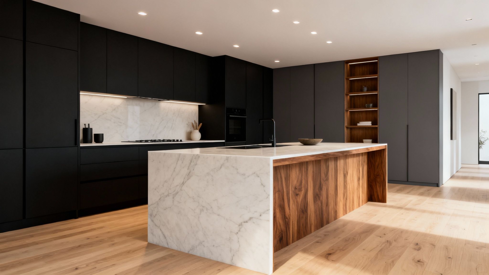 A luxurious modern kitchen with black cabinets, a white marble island, and wooden accents.