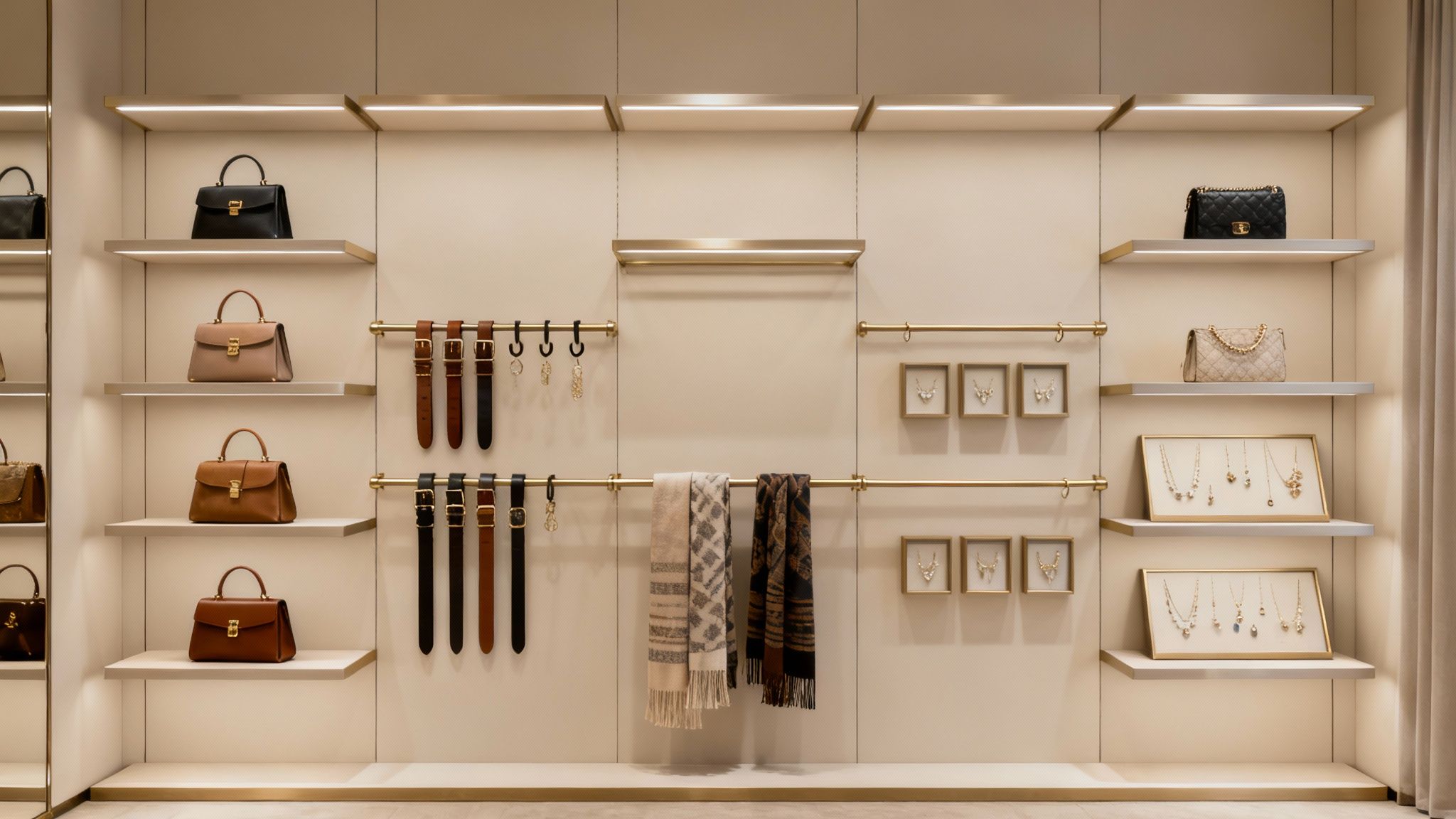 Luxury boutique wall display featuring designer handbags, belts, scarves, and illuminated shelves