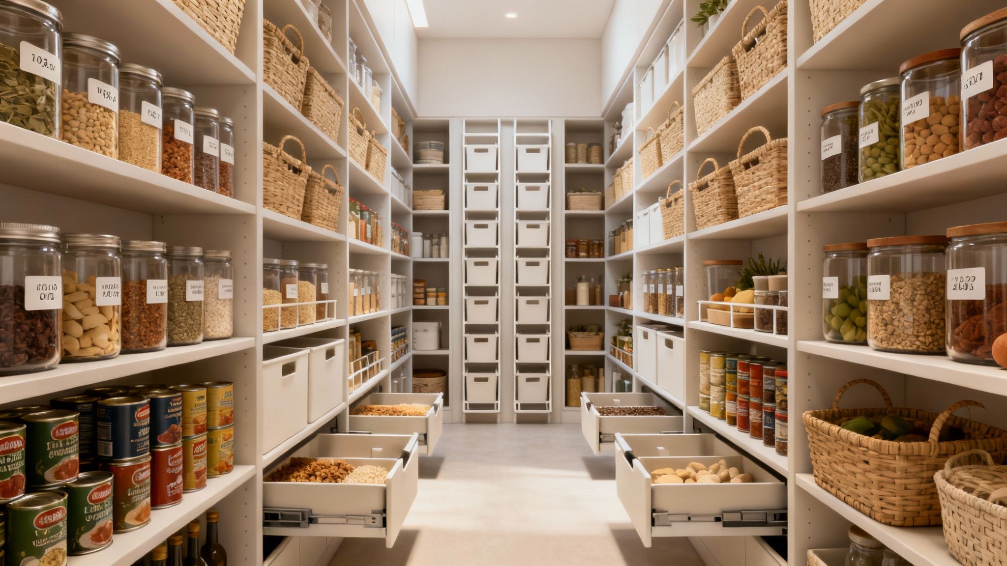 A spacious and highly organized home pantry with shelves, jars, baskets, and drawers filled with food.