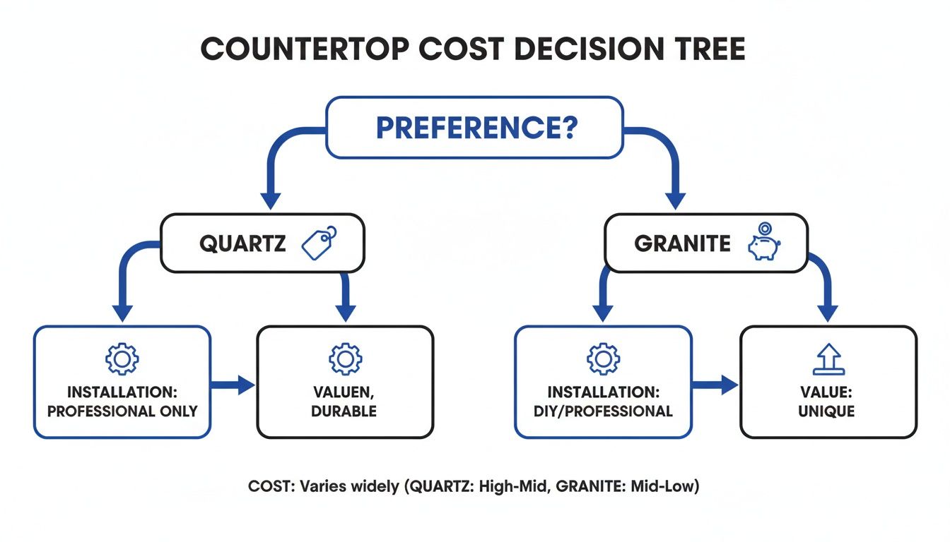 Decision tree comparing quartz and granite countertop costs, installation, and value.