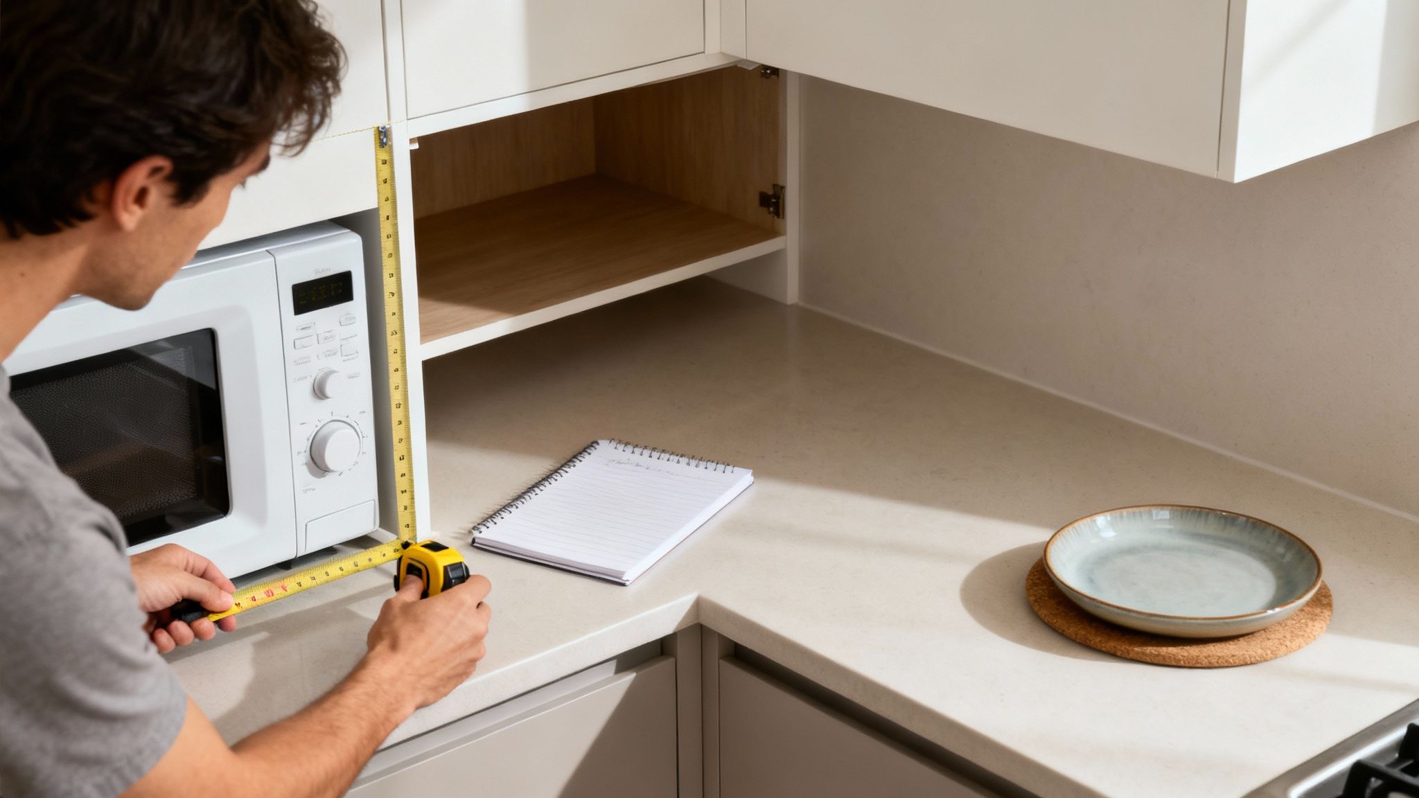 A person measures the space next to a microwave in a kitchen with a yellow tape measure.