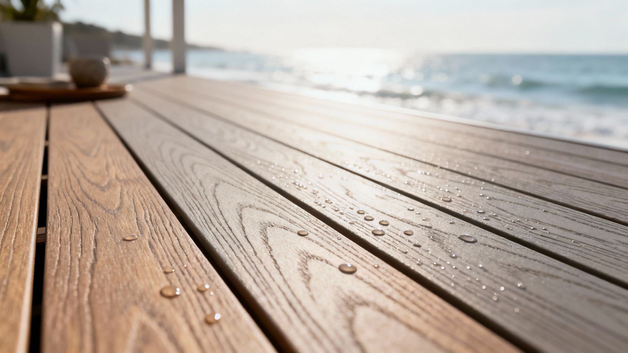 Water droplets beading on weather-resistant composite deck boards overlooking ocean view