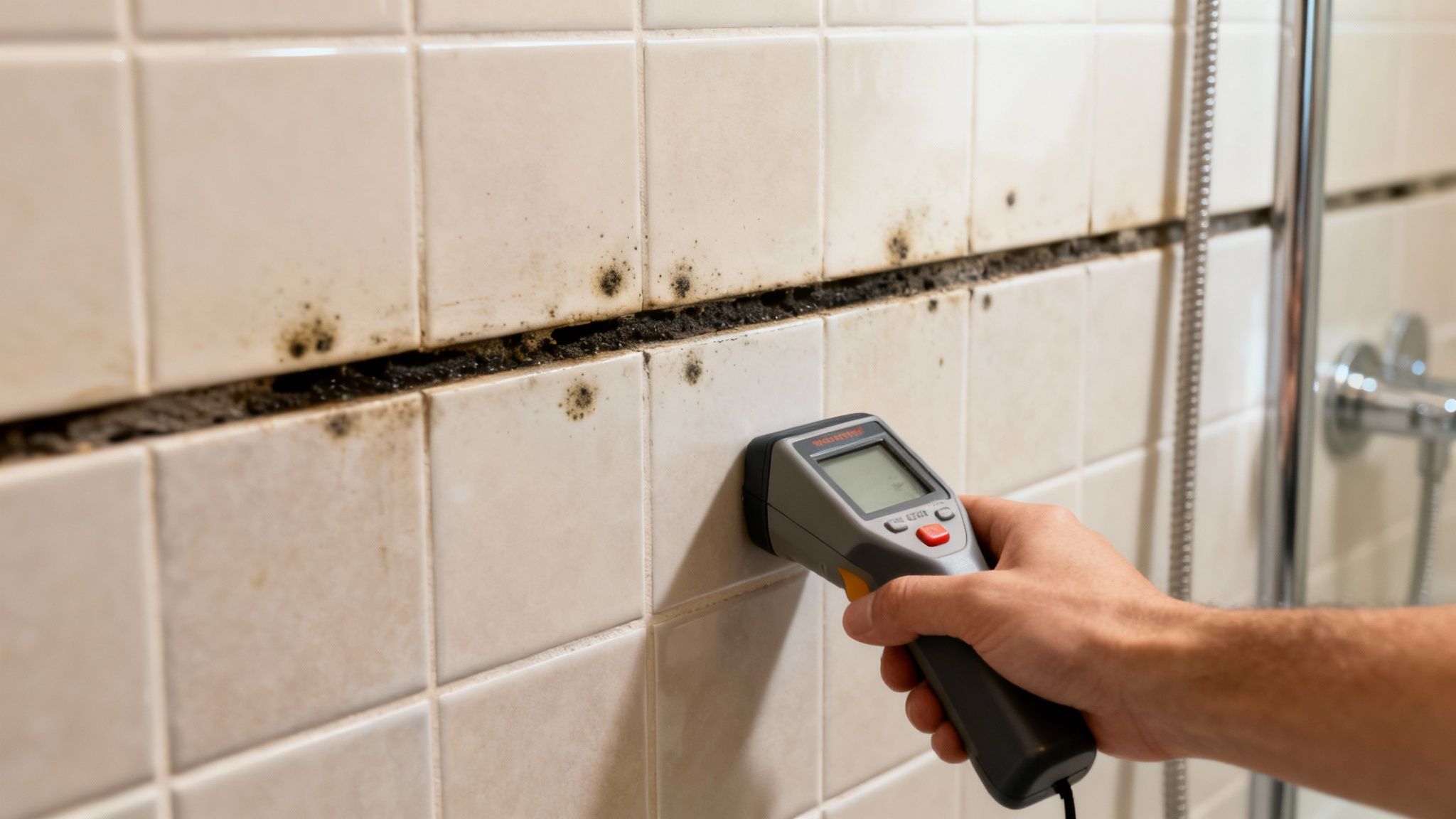 A hand holds a moisture meter against a dirty tiled shower wall with black mold.