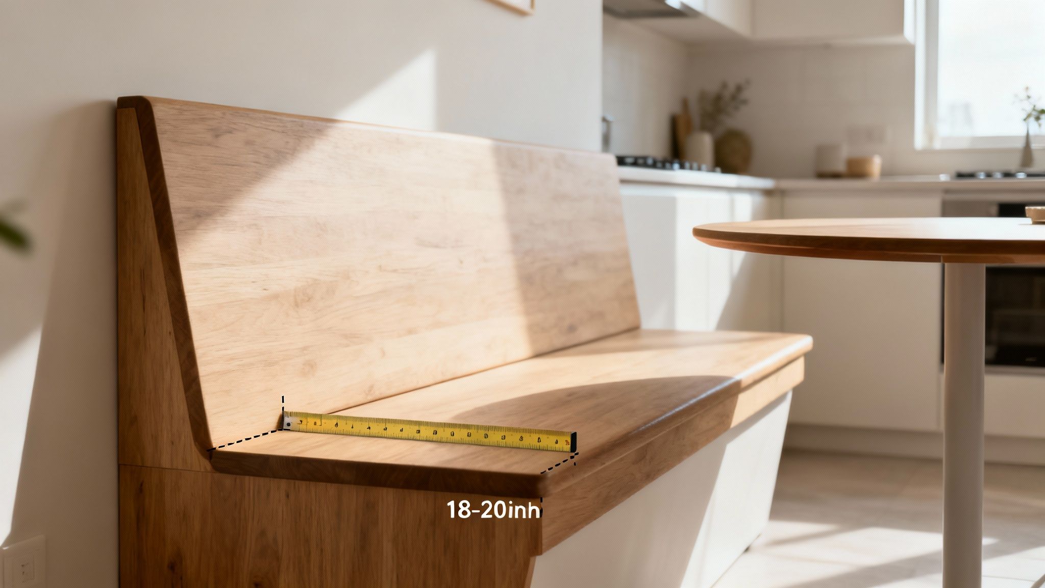 A wooden kitchen bench seat with a measuring tape showing an 18-20 inch depth.