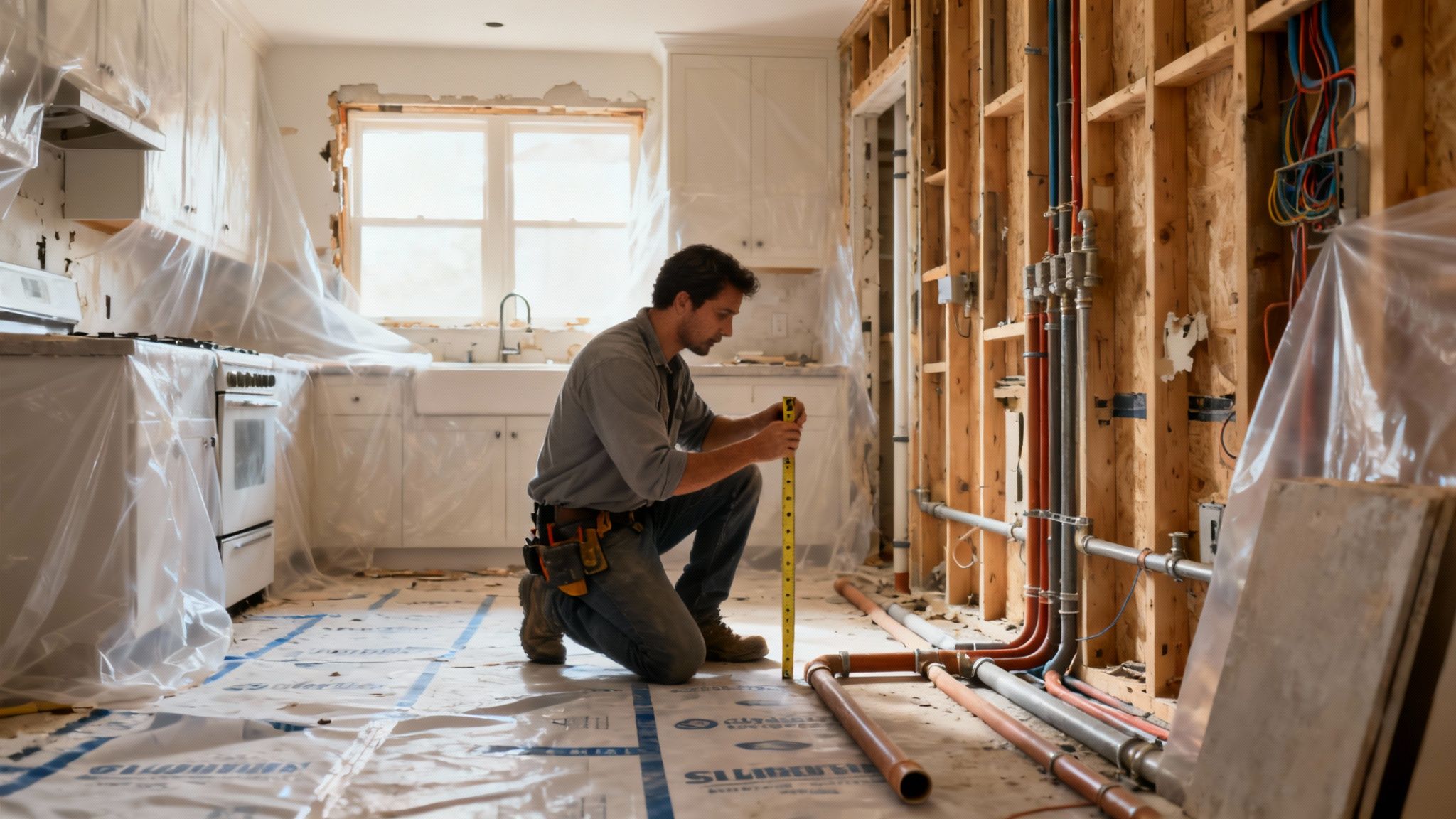 A construction worker measures the floor in a kitchen undergoing renovation with exposed plumbing.