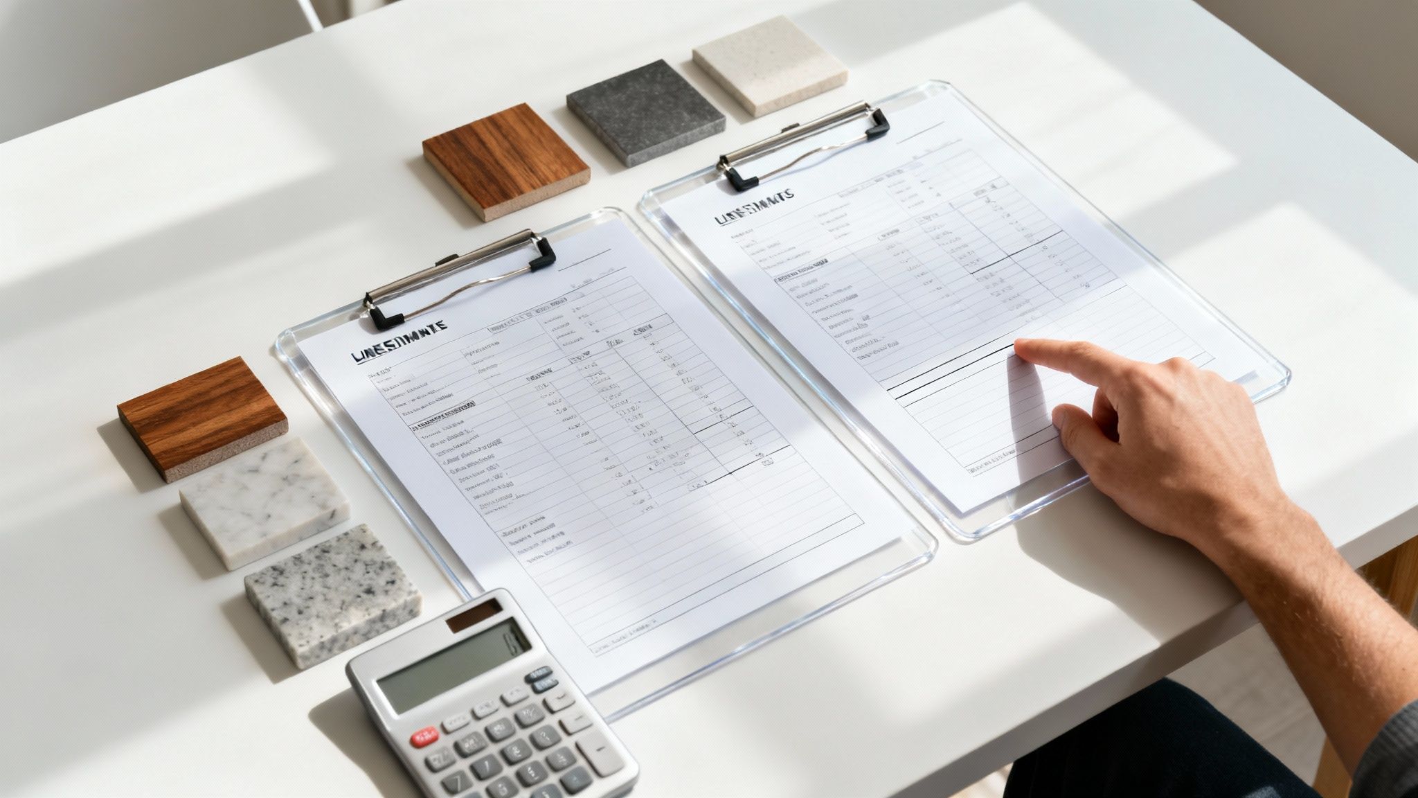 Overhead view of hand pointing at renovation estimate forms with material samples and calculator.