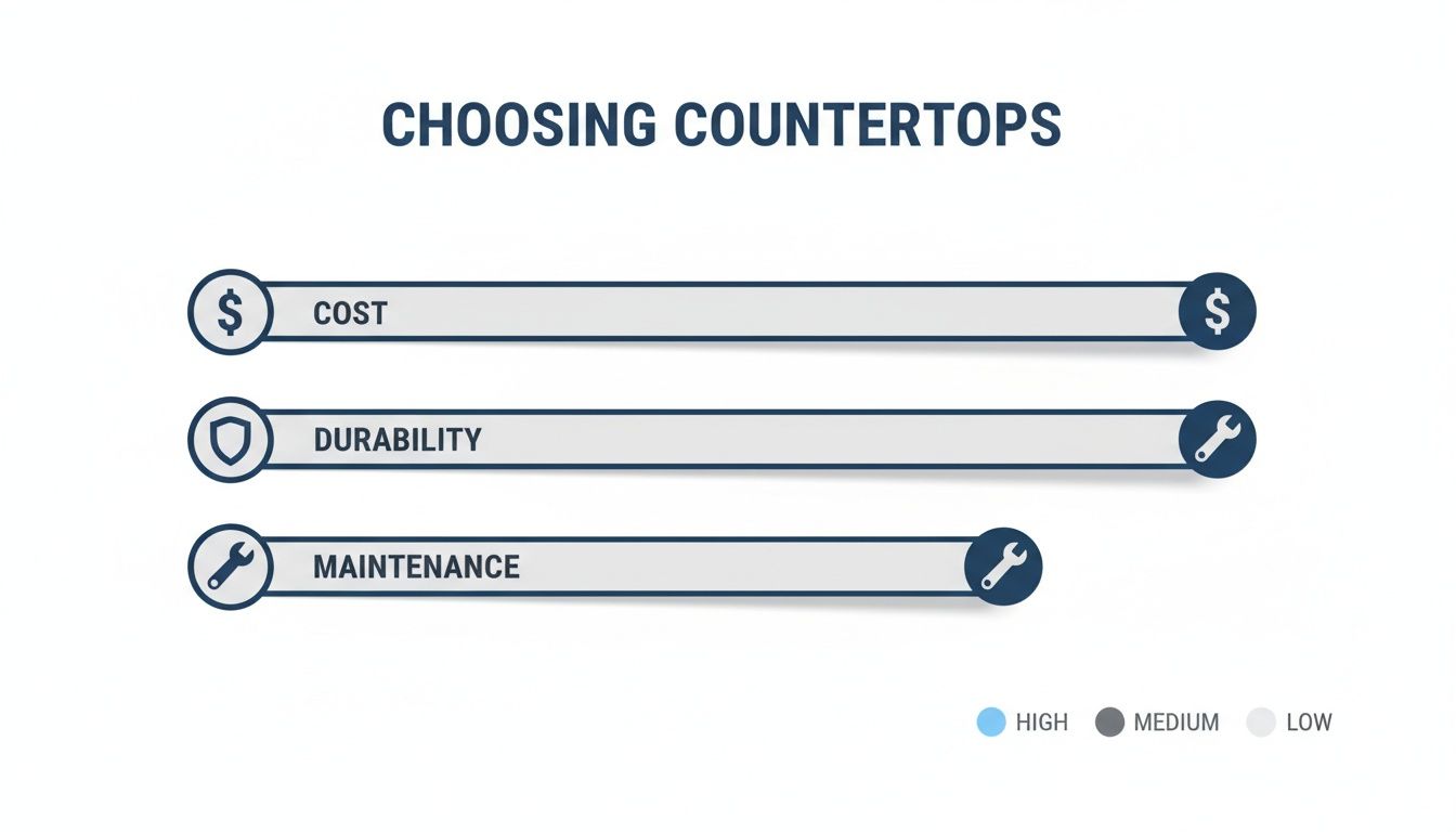 Infographic illustrating countertop choices by cost, durability, and maintenance levels. Cost and durability are high, maintenance is medium.