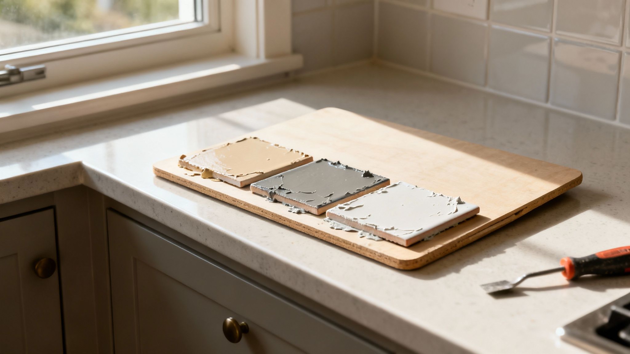 Three tiles with different grout colors on a wooden board on a kitchen counter, illuminated by sunlight.