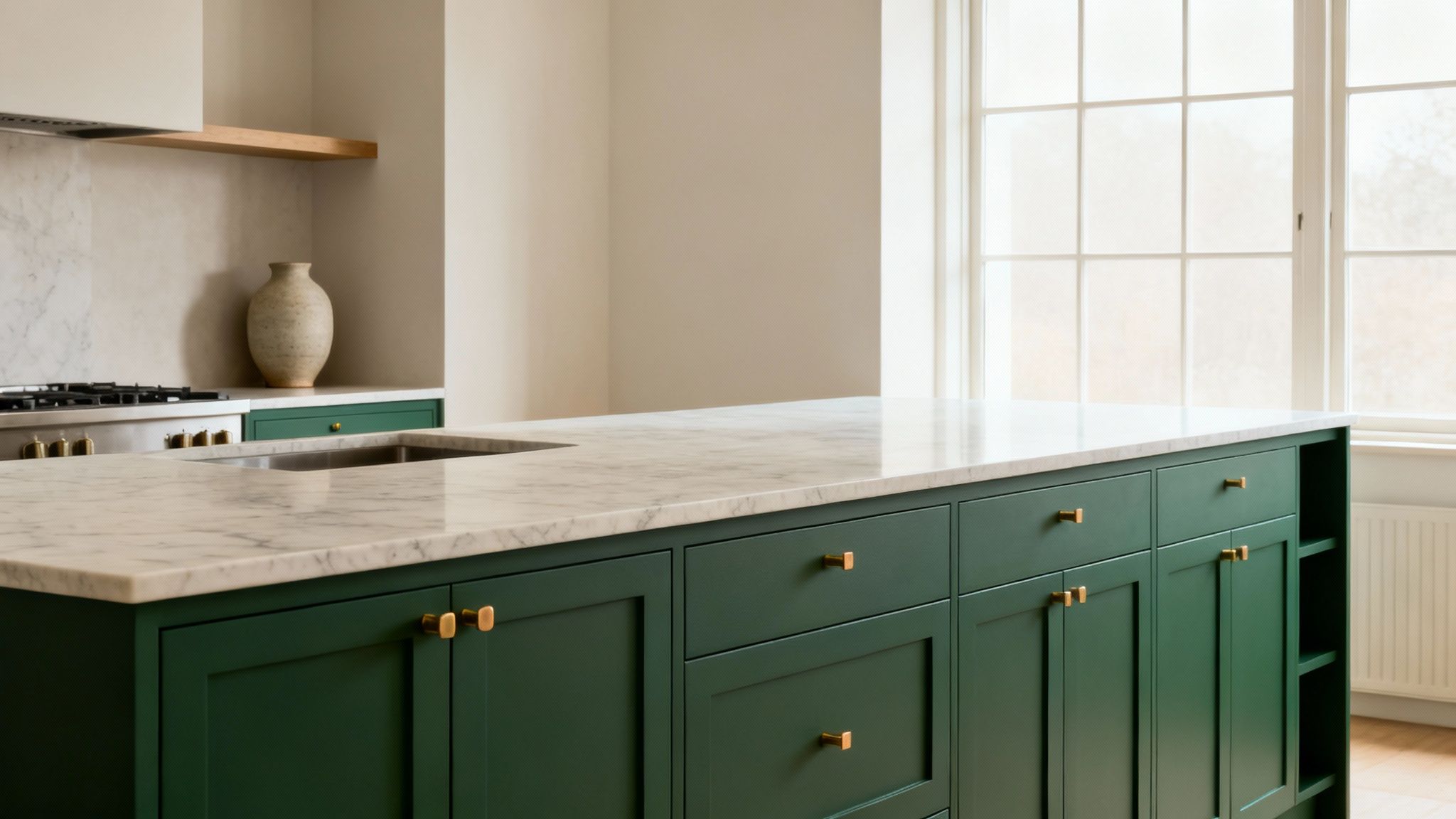 Elegant kitchen with dark green island cabinets, white marble countertop, and a built-in sink.