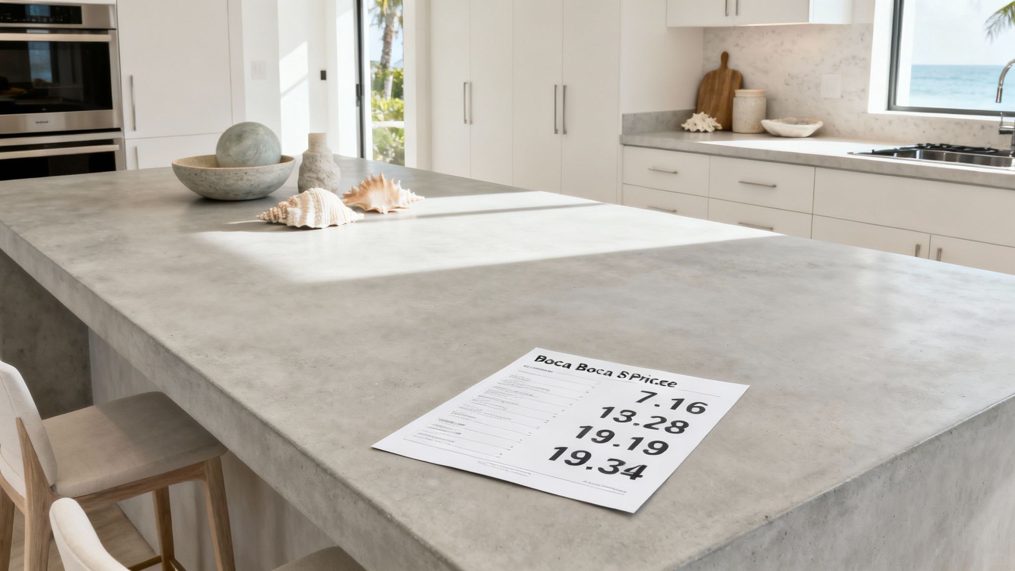 A modern kitchen with a large concrete island countertop, decorated with shells, and an ocean view.