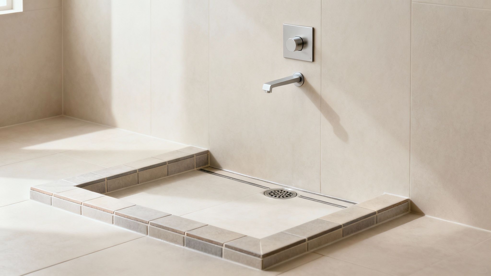 Modern tiled shower pan with linear and circular drains, wall-mounted faucet, and mixer in a light-tiled bathroom.
