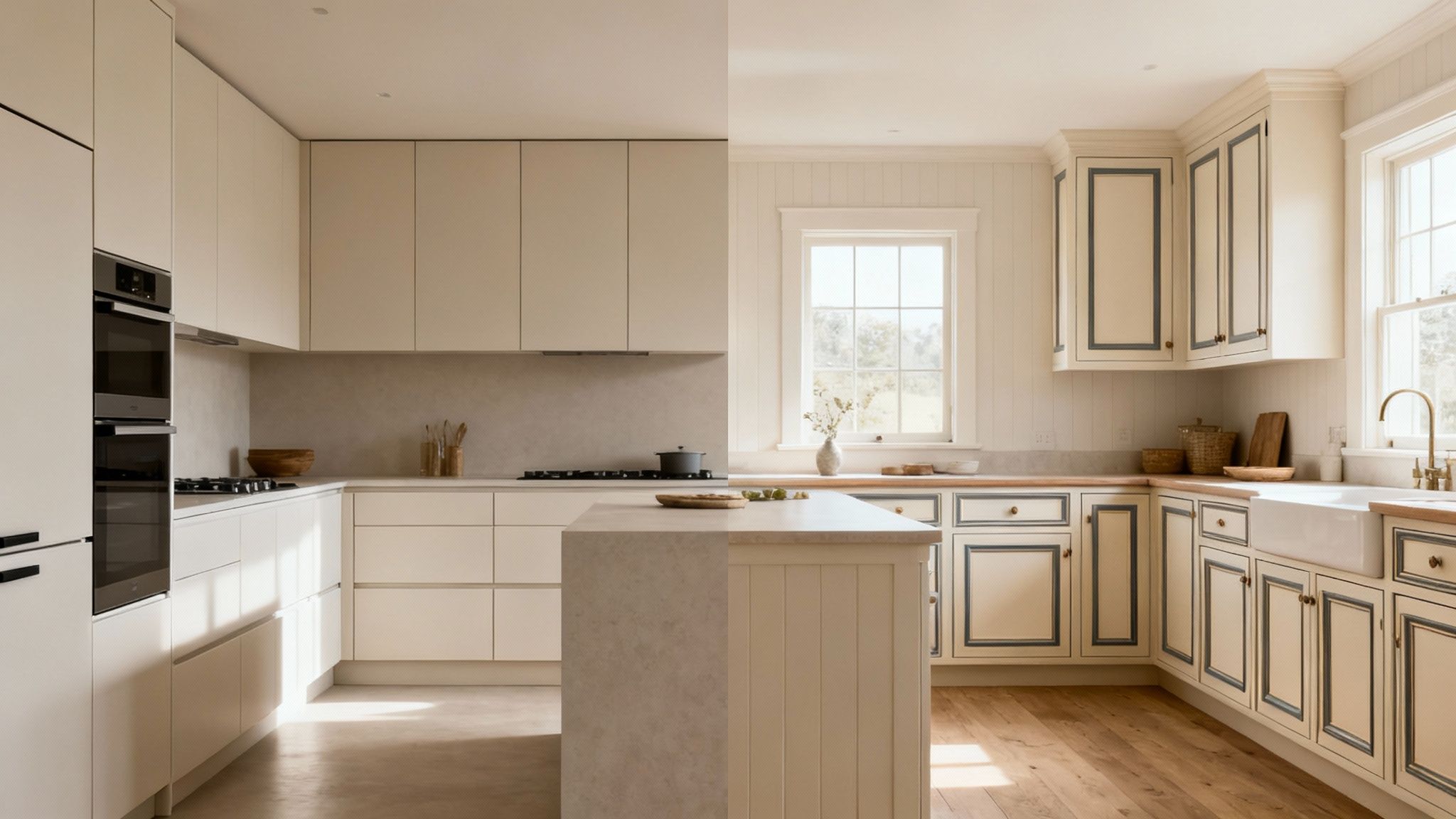 Two kitchens side-by-side: a modern minimalist kitchen with frameless cabinets and a traditional kitchen with framed cabinets.