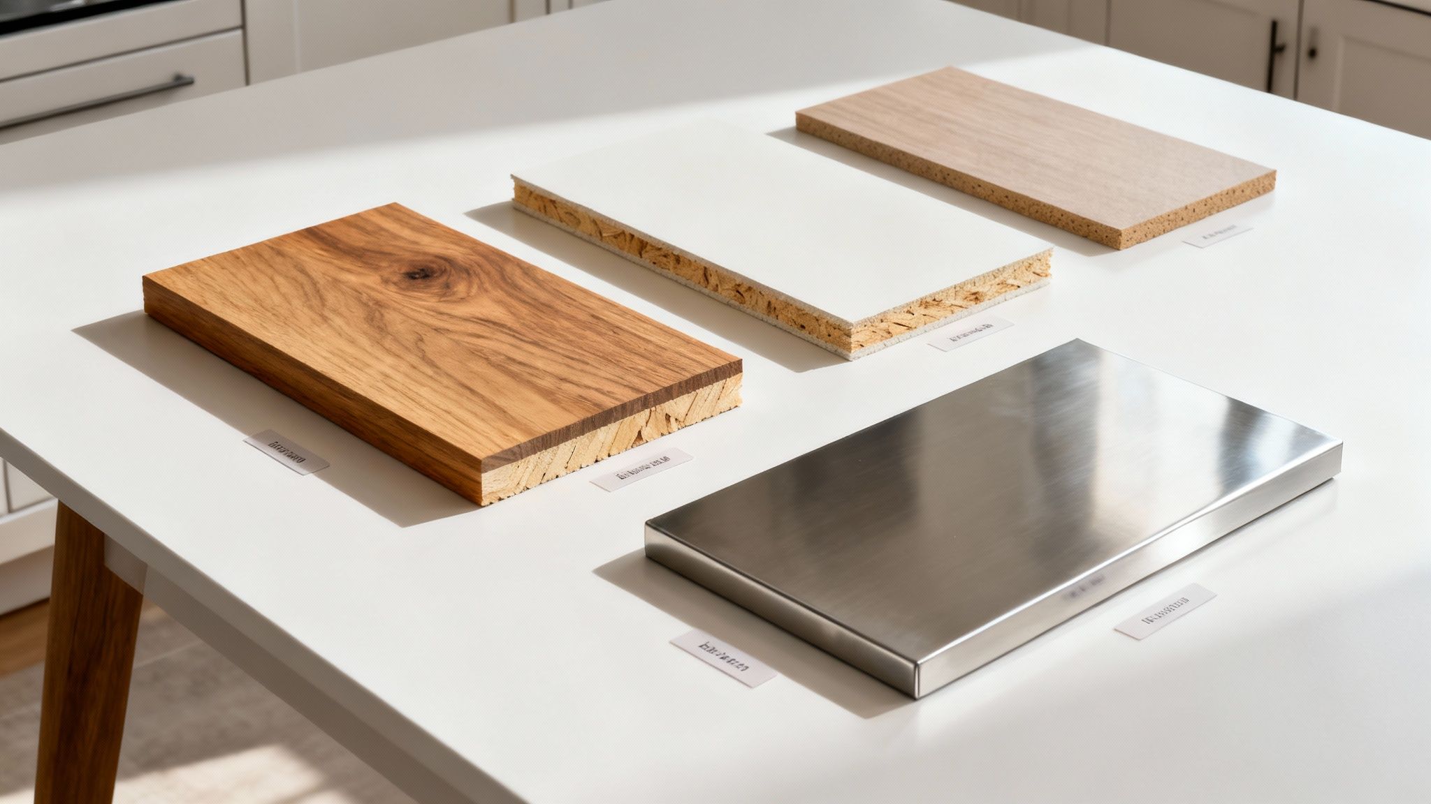 A modern kitchen with sleek, white cabinets and a large central island.