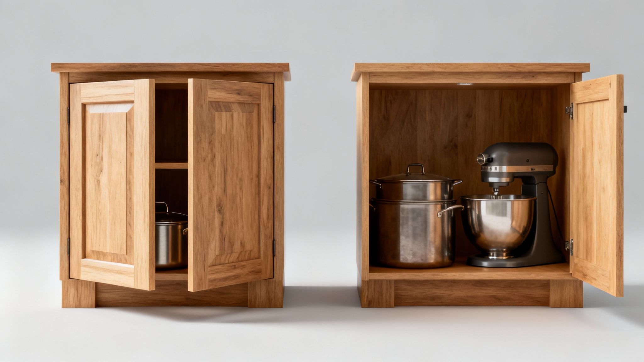 Two open wooden kitchen cabinets, one framed with a pot, the other frameless holding a mixer.